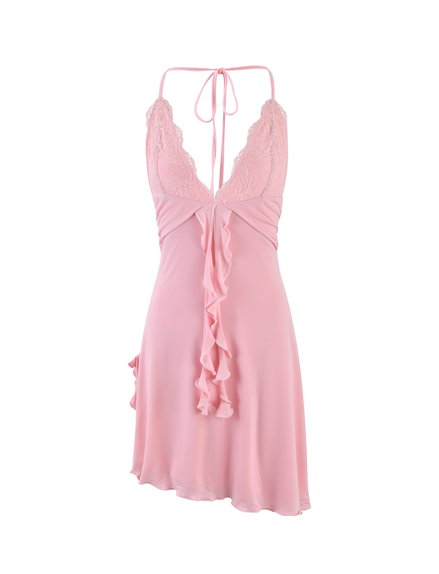 A DEENA DRESS by TIGERMIST in baby pink, featuring lace detailing on the bodice, spaghetti straps that tie at the back, and a ruffled front design. The silky, lightweight fabric offers a slightly flared hem.
