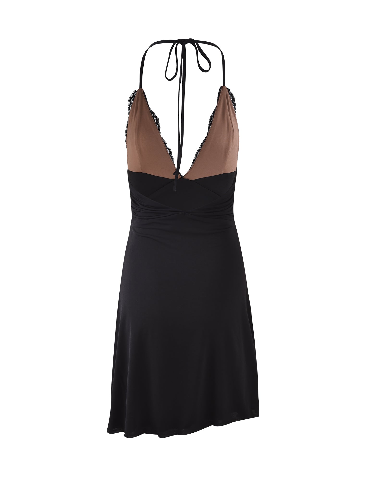 Introducing the DEENA DRESS - BLACK from TIGERMIST. This sleeveless, knee-length dress combines a black skirt with a brown bodice and features a deep V-neckline adorned with lace trim. The dress is designed with thin shoulder straps that tie at the back, a waistline that has a wrap-style design, and a slightly A-line shaped skirt.