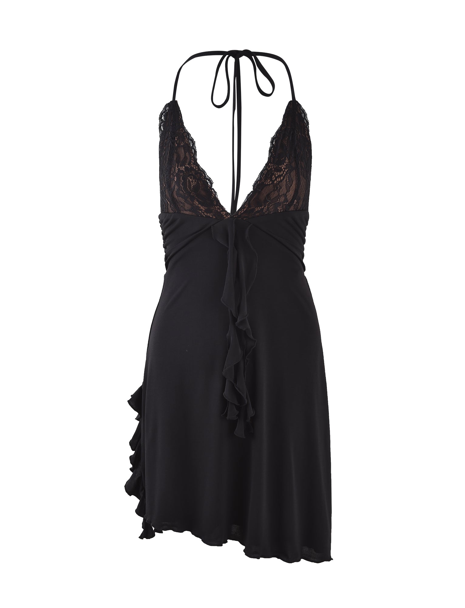 The DEENA DRESS - BLACK from TIGERMIST is a stunning black cocktail dress featuring a deep V-neckline and intricate lace detailing at the top. The dress flaunts a halter neck tie, ruffled asymmetrical layers at the bottom, and an exposed back. The fabric is light and flowy, making it perfect for a night out.