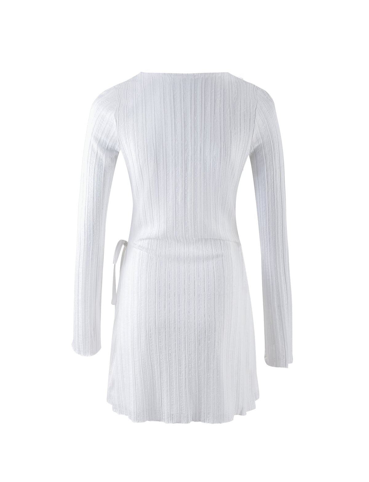 A back view of the LEVINS DRESS - WHITE by TIGERMIST. The long-sleeved dress features a cinched waist with a side tie and a flared hem. The fabric showcases a textured, vertical ribbed pattern.