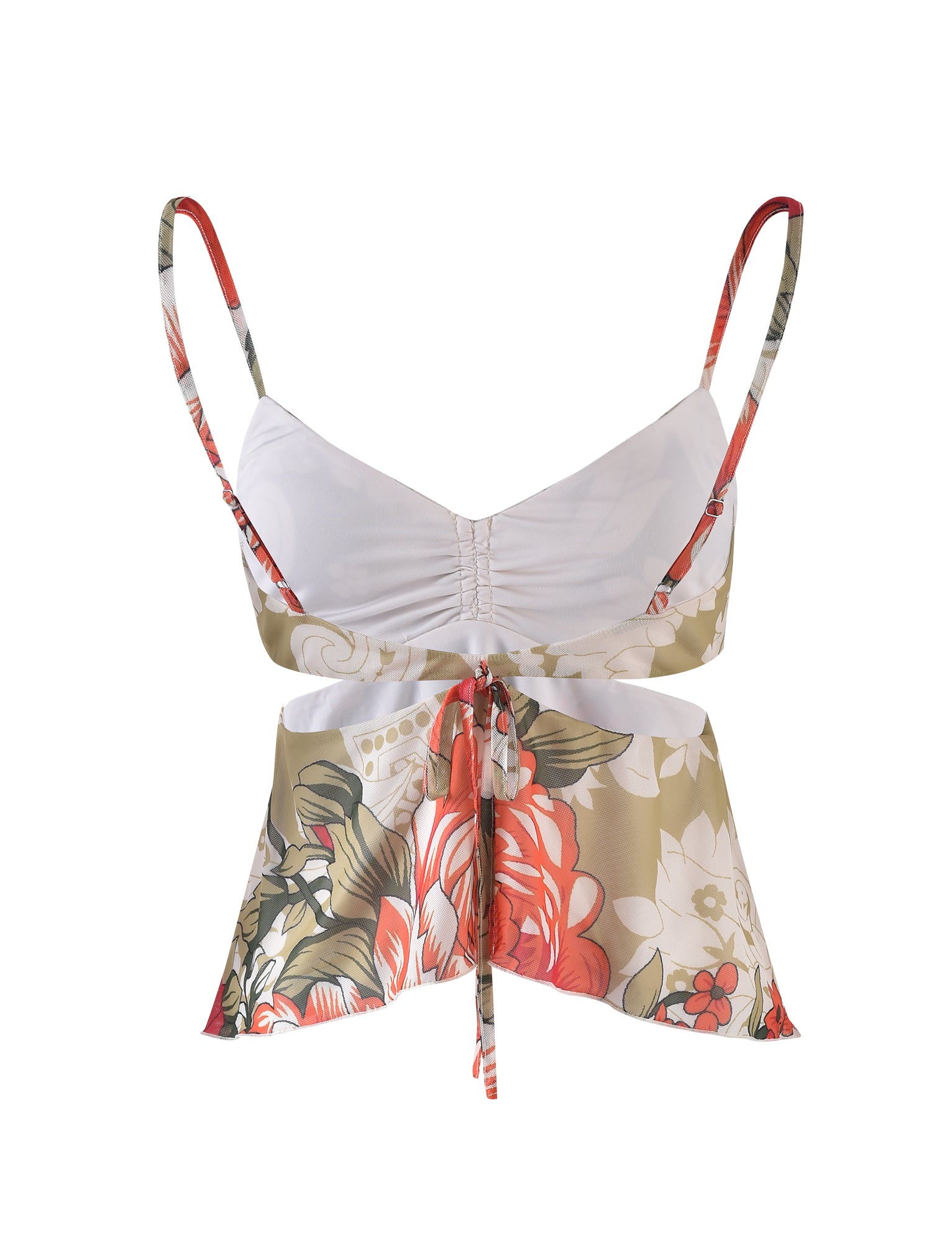 The RIOT TOP - MULTI : MACRO FLORAL : SUNSET BLOOMS by TIGERMIST is a floral crop top with thin straps and a sweetheart neckline. It showcases a mix of large orange, pink, and white flowers with green leaves against a beige background and features a small tie detail in the center front, just below the bust.