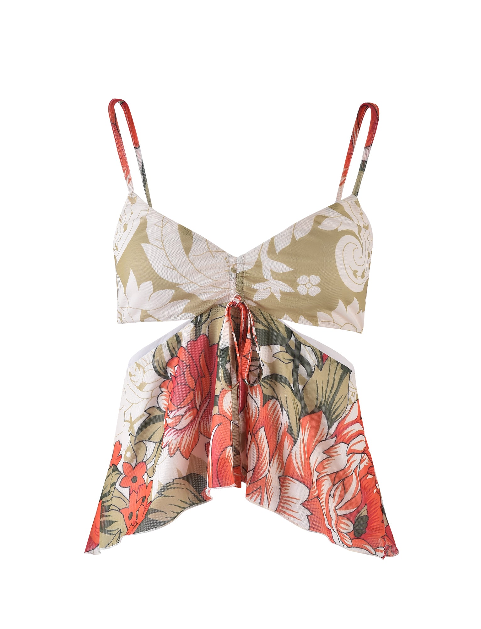 The RIOT TOP - MULTI : MACRO FLORAL : SUNSET BLOOMS by TIGERMIST is a sleeveless, floral crop top featuring thin red straps, gathered detailing at the bust, and a tied front. The fabric design includes large red and white flowers with green leaves against a light background, creating a flowing, asymmetrical hemline.