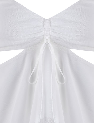 Close-up of the back of the white TIGERMIST RIOT TOP featuring a stylish cutout and tie. The fabric seems light and airy, giving a glimpse of skin through the triangular cutout beneath the knot. This top has a fitted section around the upper back that flows into a more relaxed lower part.