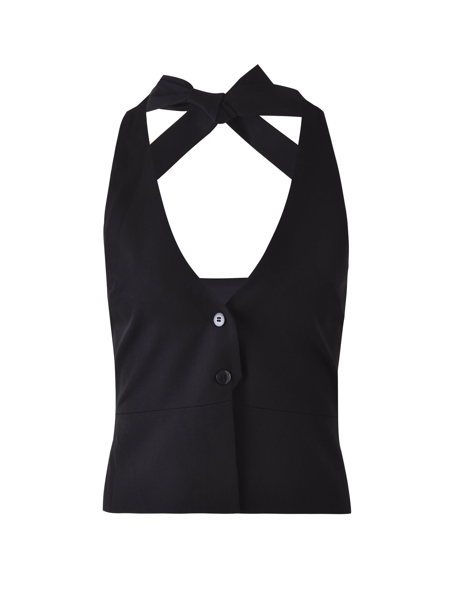 A black TRISTAN VEST from TIGERMIST featuring a stylish front button closure and a V-shaped neckline, complemented by crossed straps at the neck for an elegant and modern look.
