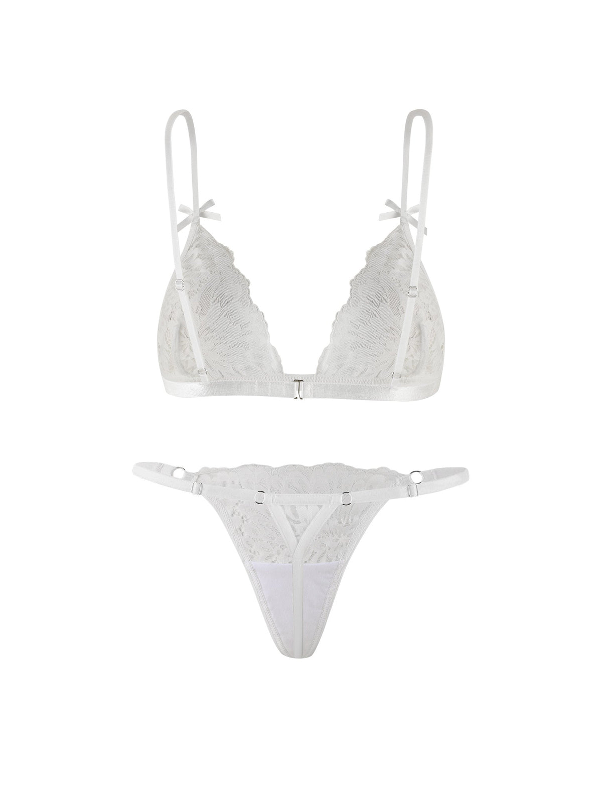 Introducing the TIGERMIST BROOKE SET - WHITE: a sheer lace intimate set featuring a white bralette with adjustable shoulder straps and a clasp closure at the back, paired with a matching thong adorned with delicate lace detailing and thin side straps.