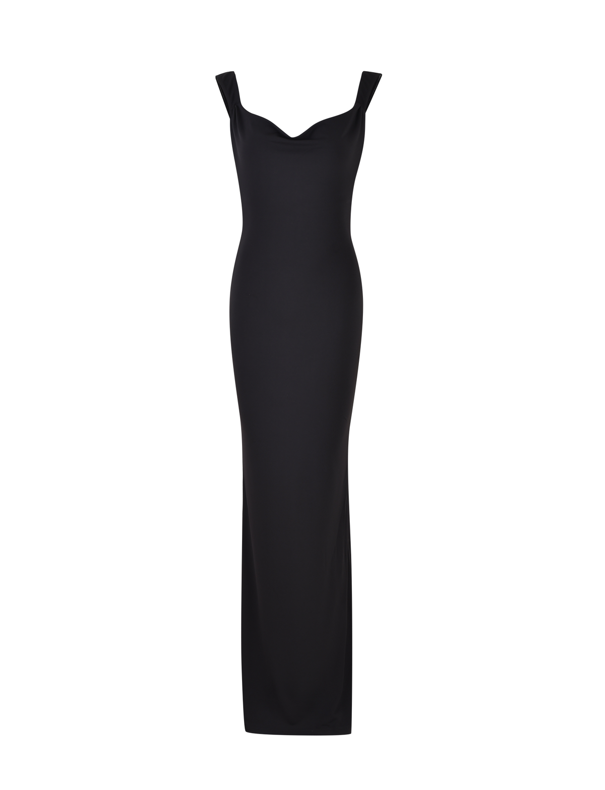 The ZITA DRESS - BLACK by TIGERMIST is a long, sleeveless bodycon maxi with wide shoulder straps and a softly draped neckline, showcased elegantly against a plain white background.