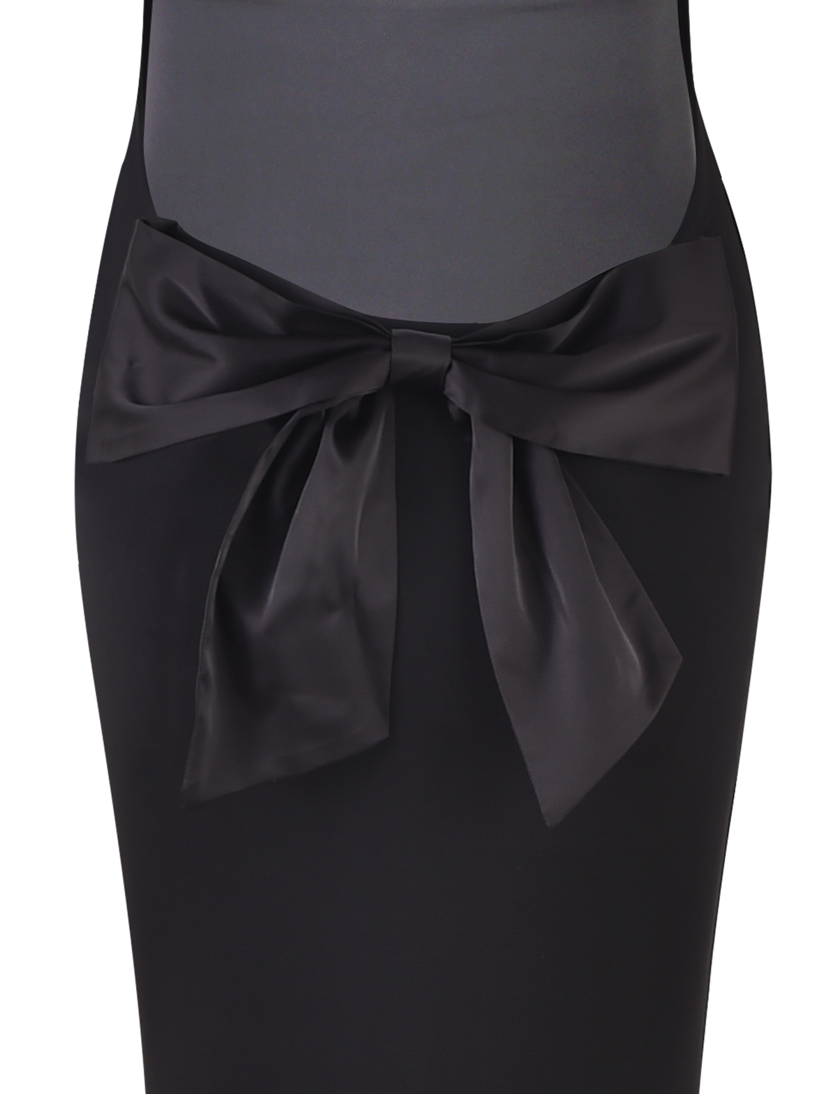 A close-up of the ZITA DRESS - BLACK by TIGERMIST, a black maxi dress with a large shiny satin bow at the waist and a flattering bodycon silhouette.