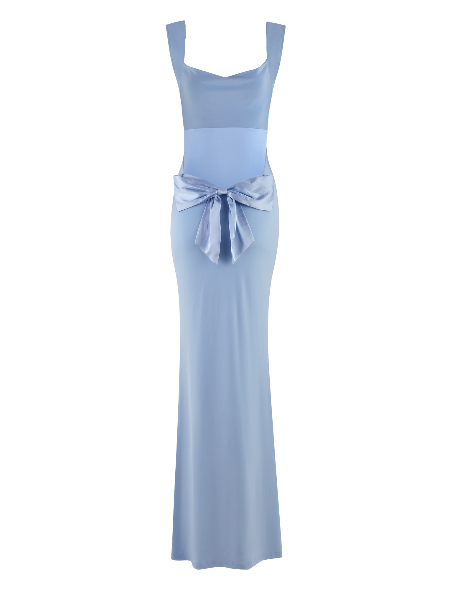 The ZITA DRESS - BLUE by TIGERMIST features a sleeveless, square neckline, fitted bodice, satin waist bow, bodycon silhouette, and elegant maxi length in a baby blue hue.