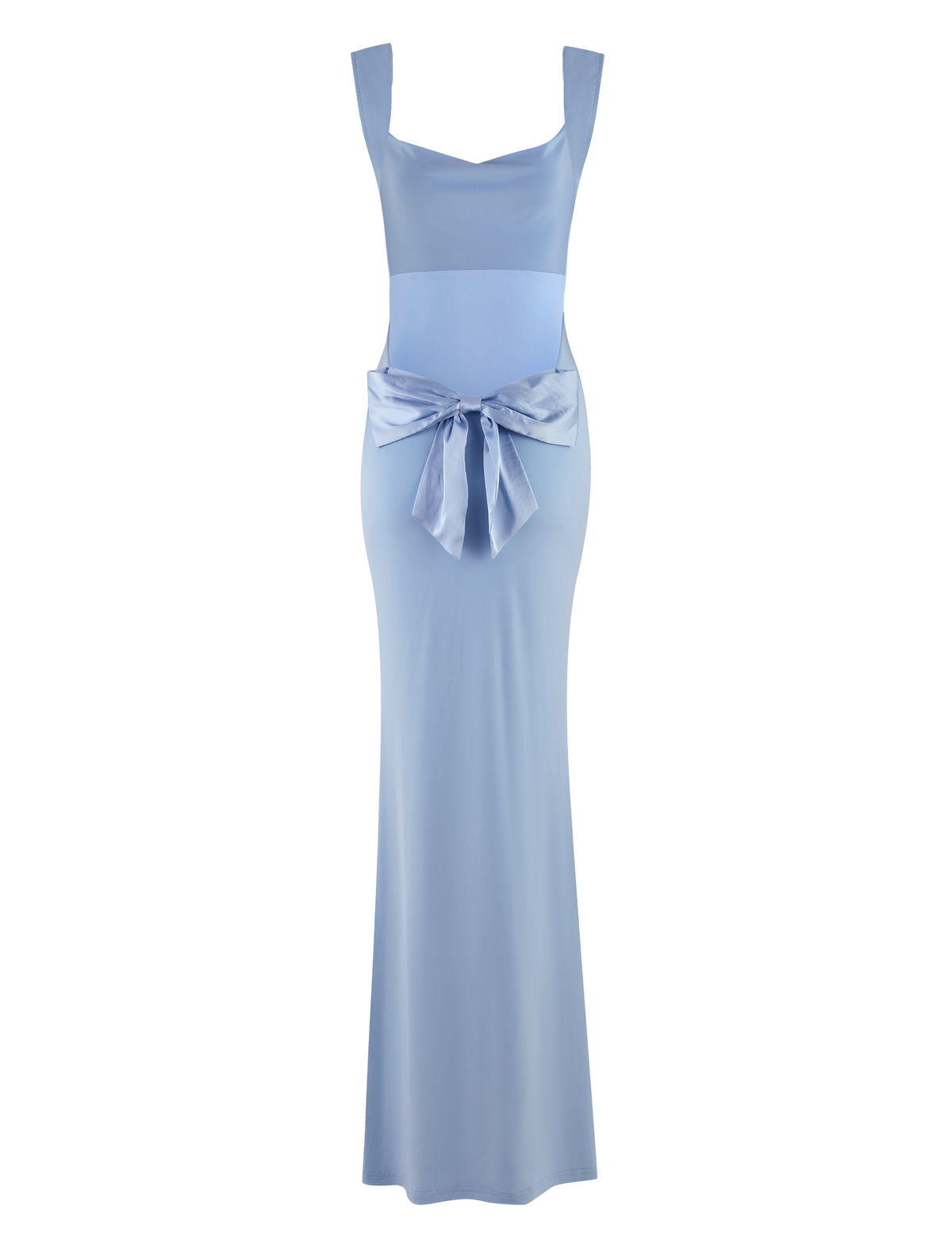 The ZITA DRESS - BLUE by TIGERMIST features a sleeveless, square neckline, fitted bodice, satin waist bow, bodycon silhouette, and elegant maxi length in a baby blue hue.