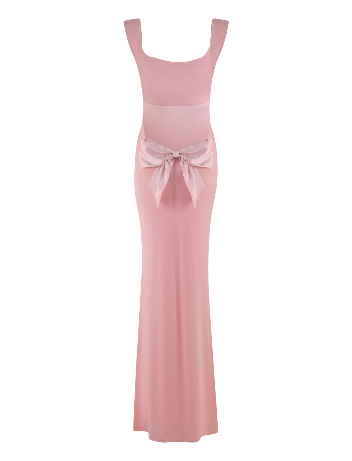 The TIGERMIST ZITA DRESS - PINK : BABY PINK is a sleeveless maxi dress with wide straps, a fitted bodice, and a large decorative bow at the waist.