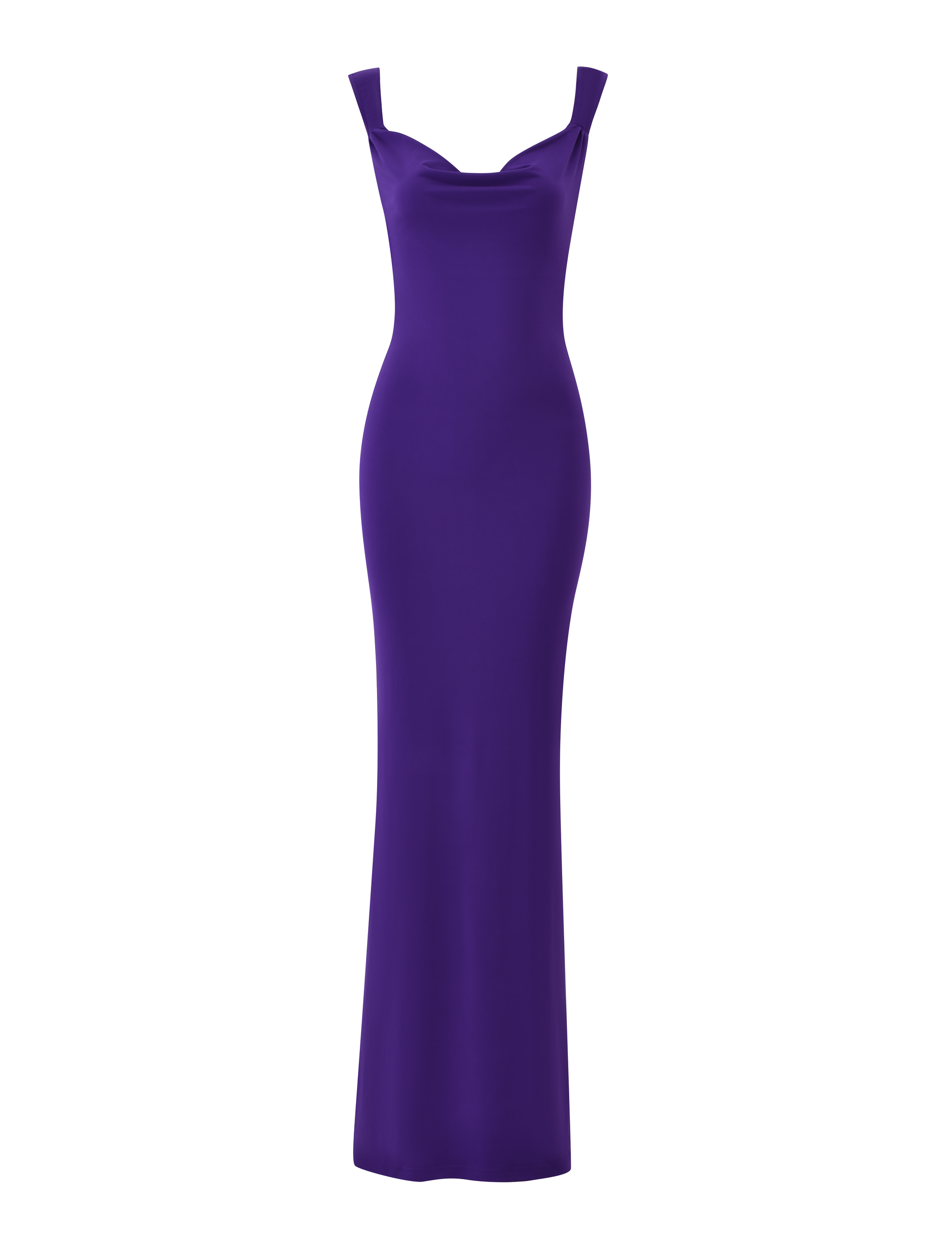 The TIGERMIST ZITA MAXI DRESS - PURPLE is a sleeveless, floor-length bodycon dress with wide shoulder straps and a subtle draped neckline, shown against a plain white background.
