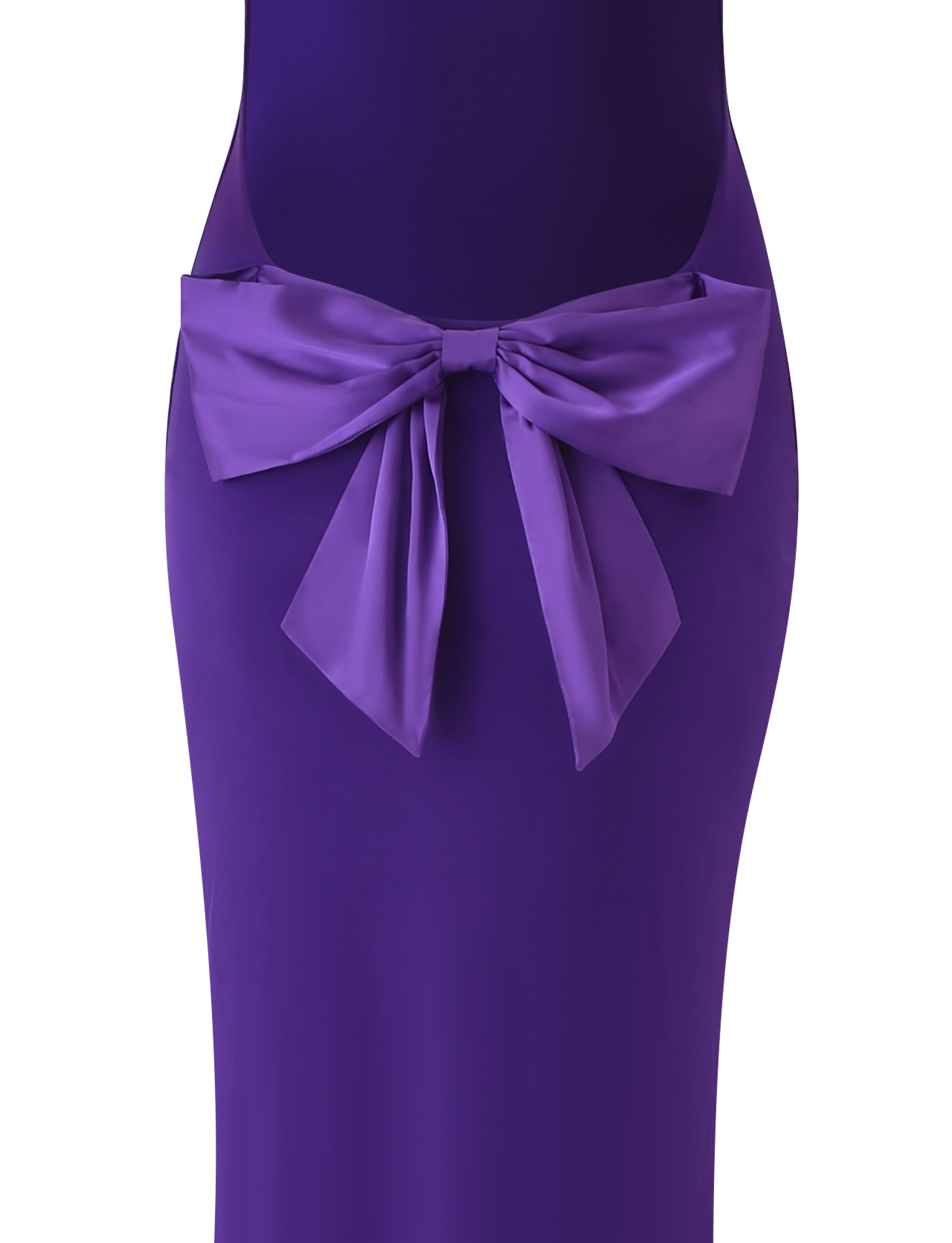 A close-up of the TIGERMIST ZITA MAXI DRESS in deep purple, showcasing its bodycon fit and a large matching bow at the waist, set against a white background.