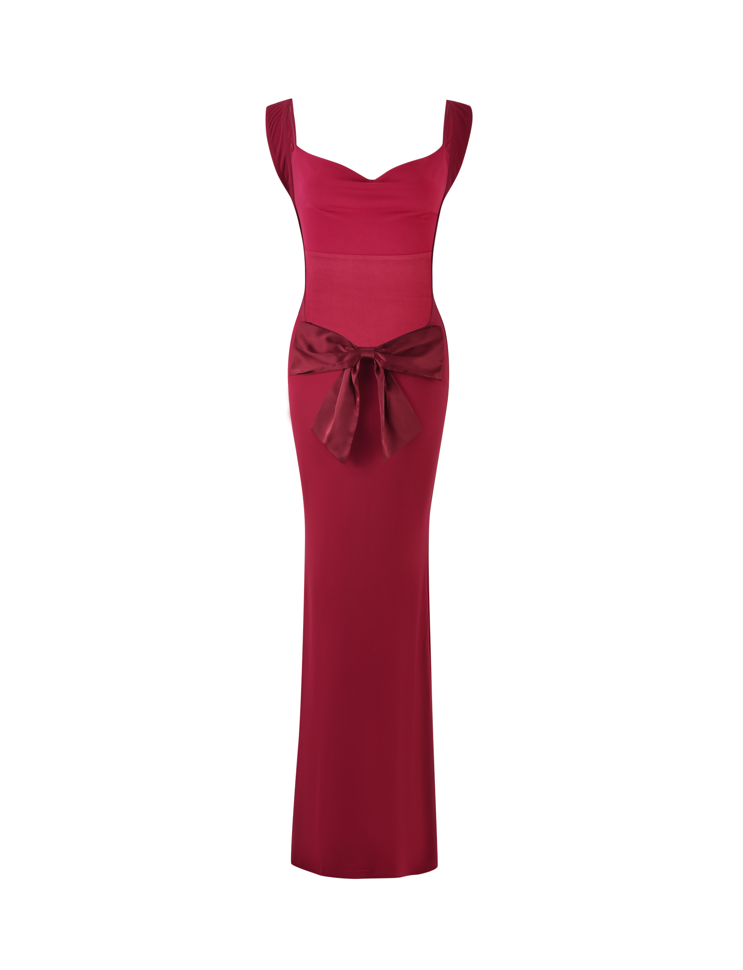 The TIGERMIST ZITA DRESS in Salsa Deep Red is a sleeveless maxi with a fitted bodice, sweetheart neckline, and satin waist bow. Its sleek silhouette stands out elegantly against a white background.