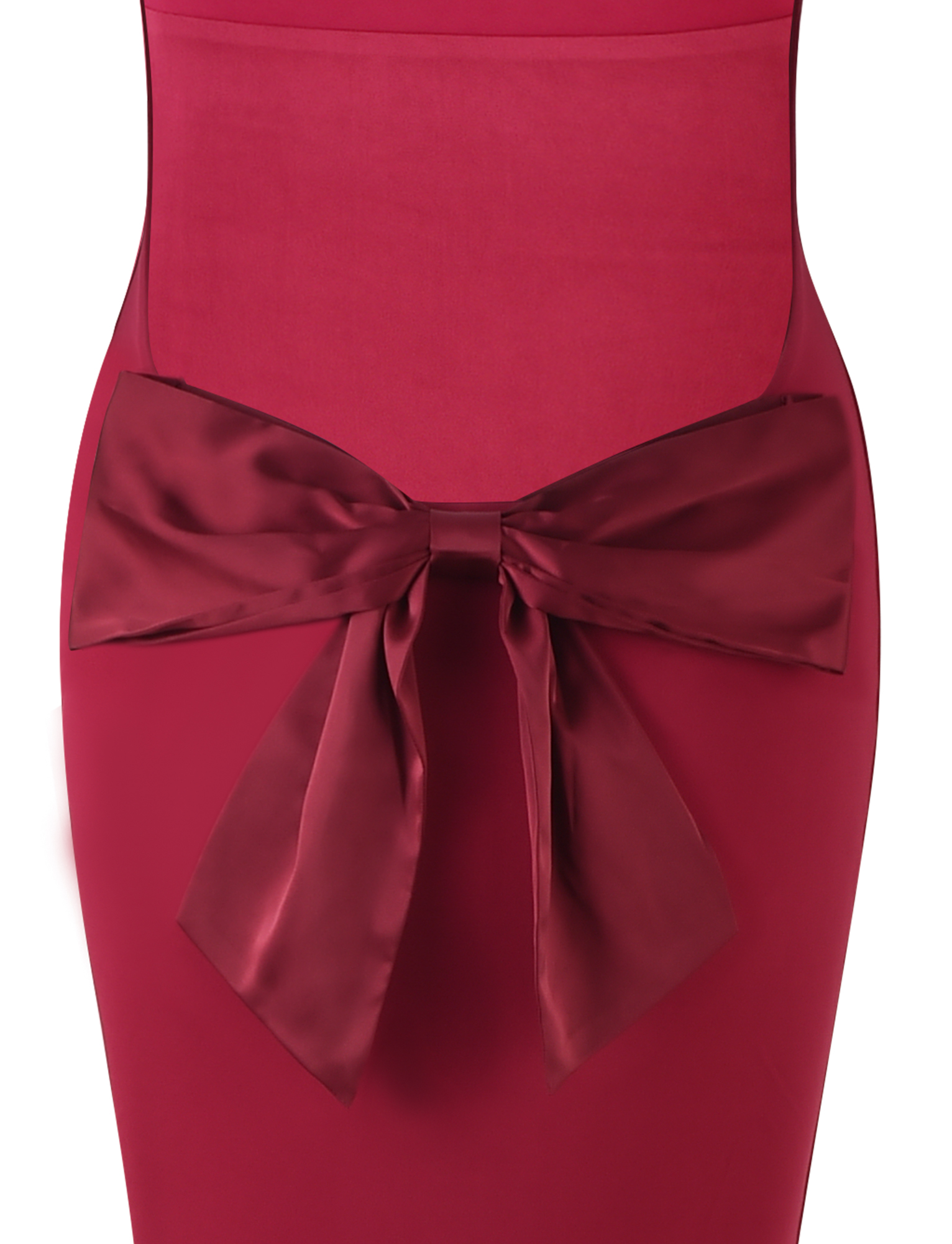 A close-up of the TIGERMIST ZITA DRESS in Salsa Deep Red, showcasing a large satin bow at the waist, smooth fabric, and an elegant bodycon silhouette.