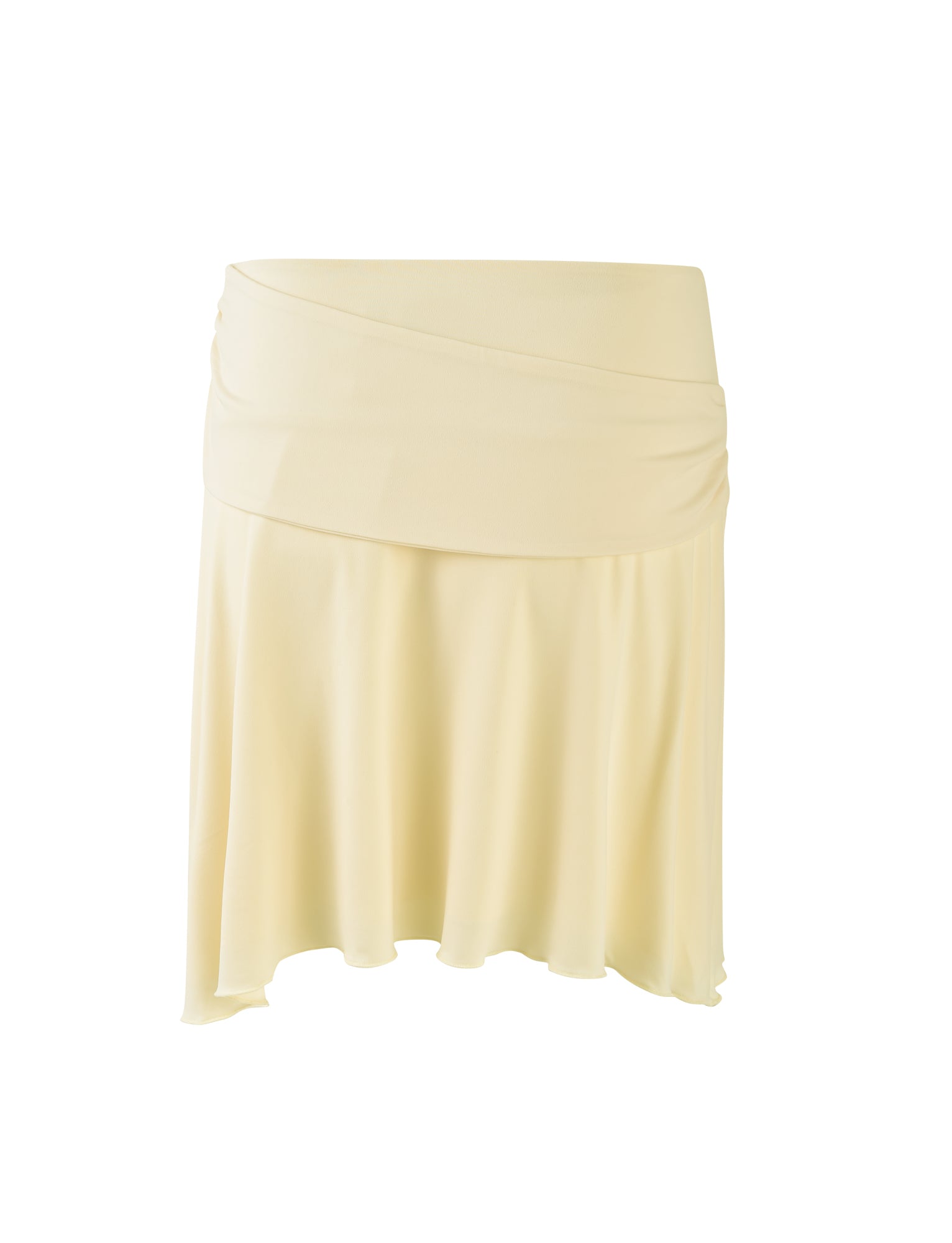 A knee-length Pearl Skirt by TigerMist in a pale lemon yellow hue, crafted from a soft, flowing fabric with an asymmetrical draped waistband. The skirt has a relaxed fit and appears lightweight, giving it an elegant yet casual look. This sophisticated piece is set against a plain white background.