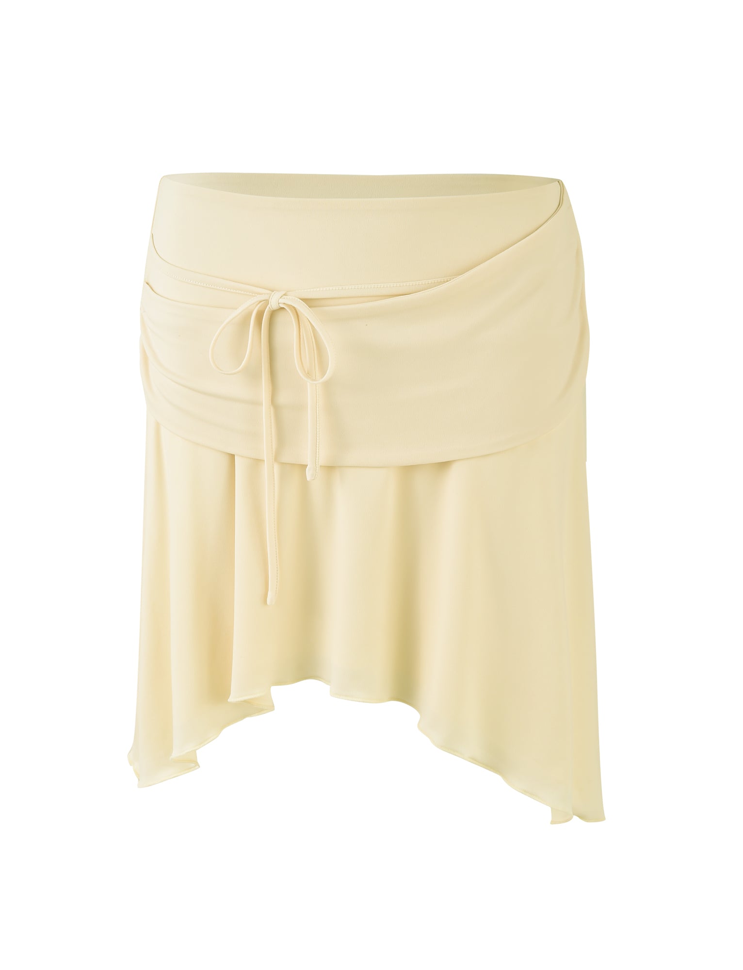 Introducing the PEARL SKIRT in Pale Lemon from TIGERMIST, a high-waisted, asymmetrical skirt with a delicate small tie at the front. Its light butter-yellow hue and loose, draped fabric offer a flowy and elegant appearance.