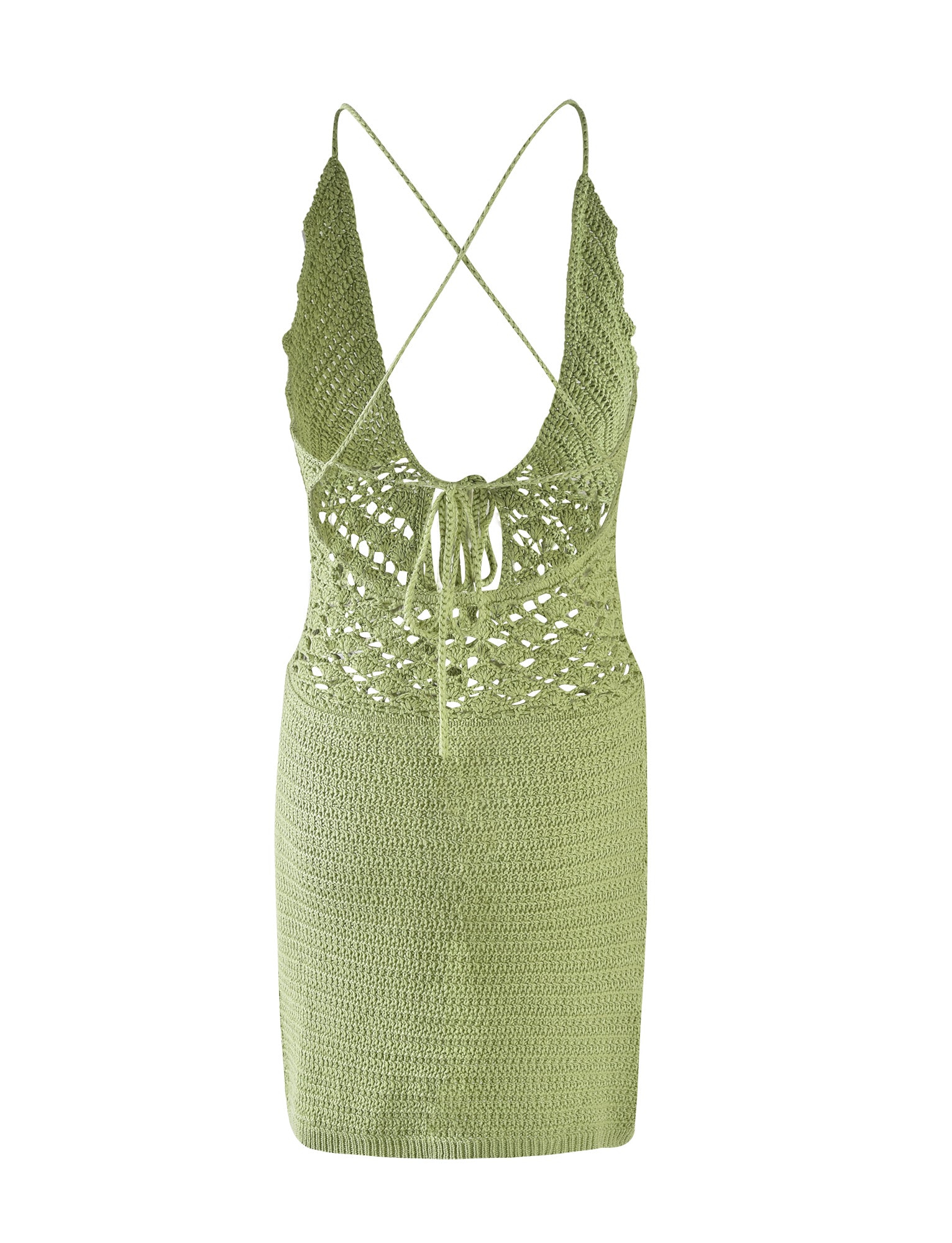 Introducing the ISABELL DRESS - GREEN : PASTEL GREEN from TIGERMIST. This sleeveless crochet dress in a soft pastel green features a deep V-neckline and stylish cross-back straps. It boasts a delicate, lacy upper bodice complete with a charming crisscross tie at the front, smoothly transitioning to a more tightly knit pattern on the skirt.