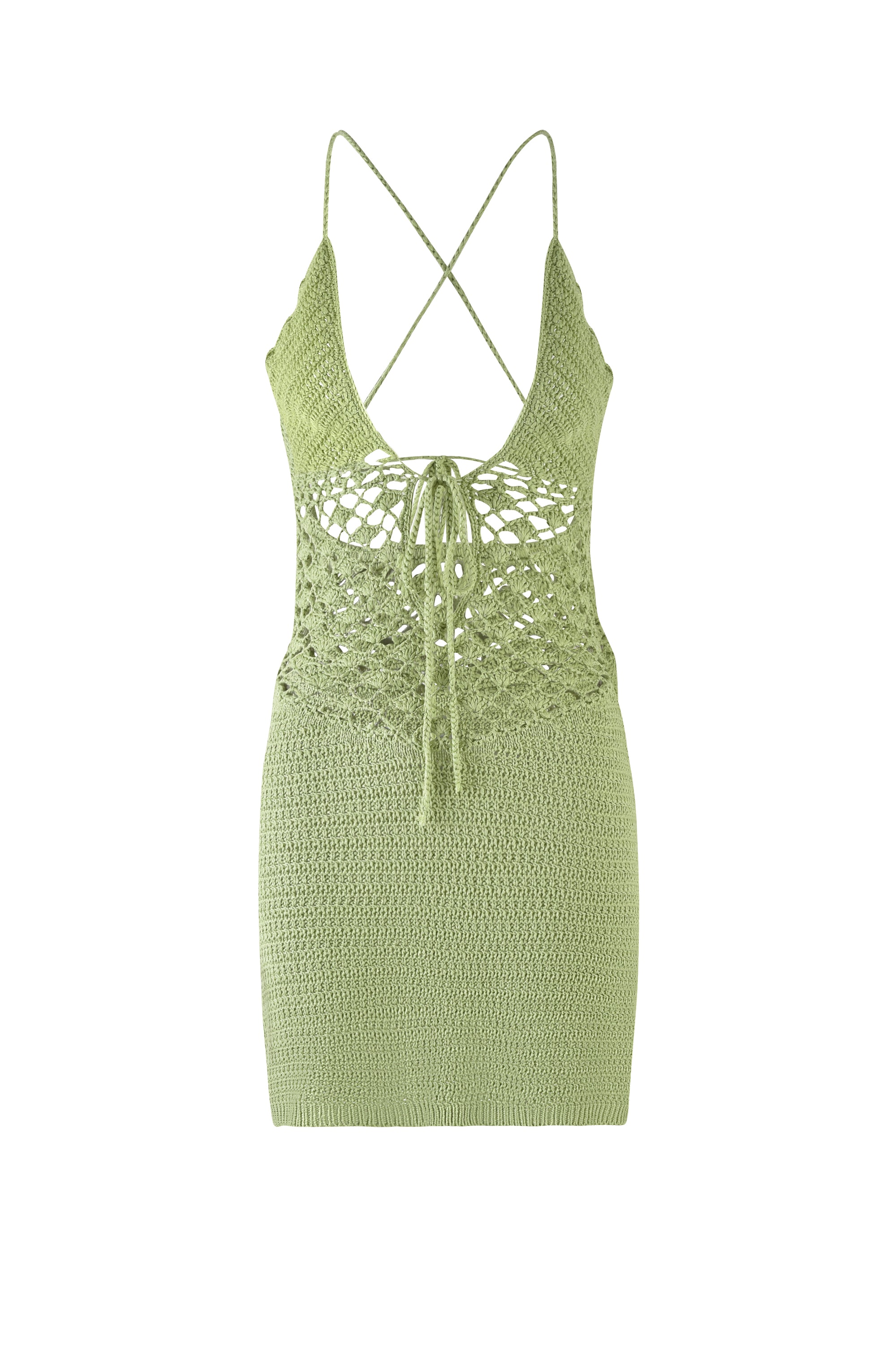 Introducing the ISABELL DRESS - PASTEL GREEN by TIGERMIST: This stunning crochet dress features a deep V-neck, an intricate lace design on the upper part, and a solid knit pattern on the lower part. It also boasts a crisscross back with thin straps and a front tie detail.