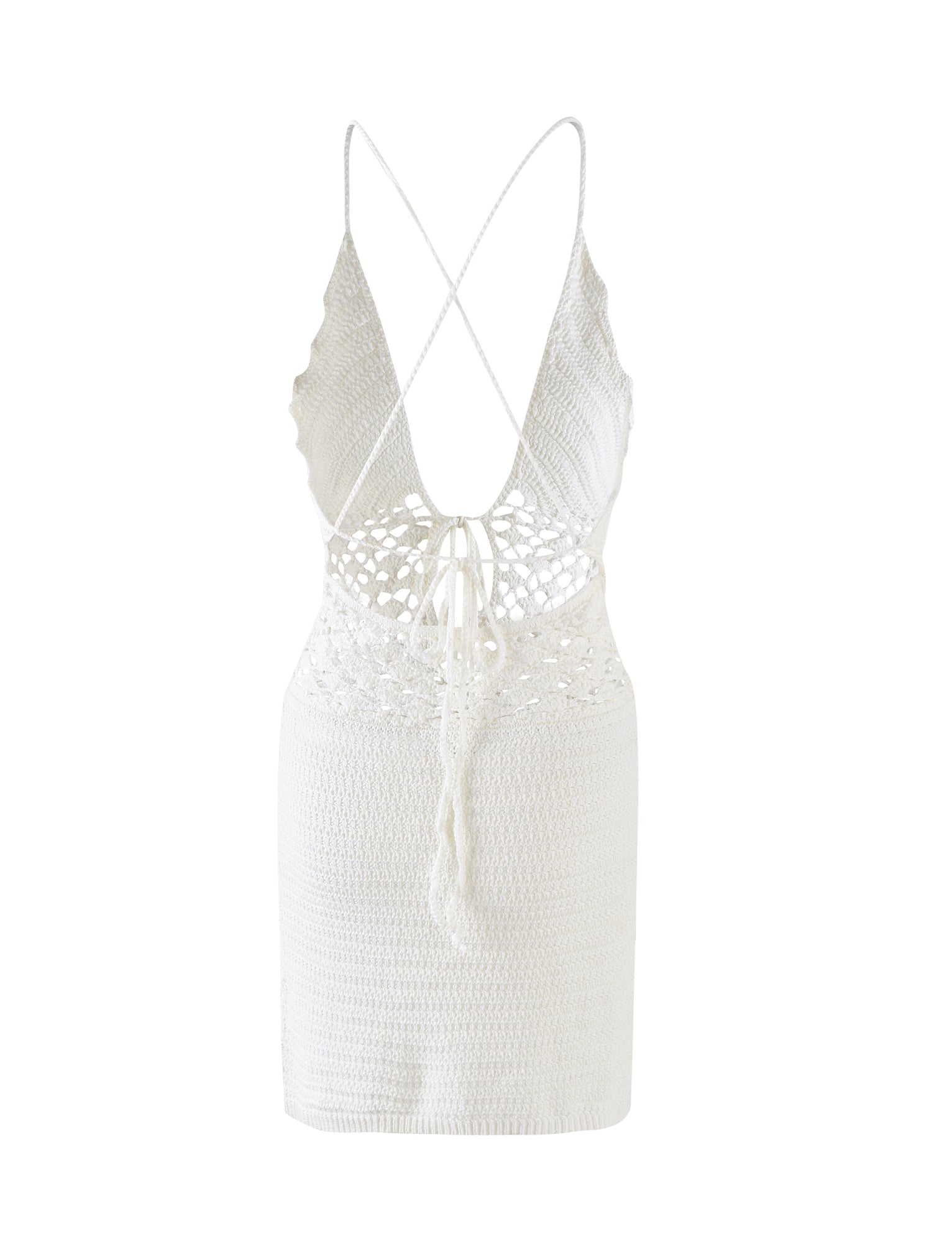 The ISABELL DRESS - WHITE from TIGERMIST is a stunning white crochet mini dress that showcases a deep V-neckline, delicate spaghetti straps that crisscross at the back, and an intricate cut-out pattern at the waist. The dress has a form-fitting silhouette and features a back tie with a string for added detail.