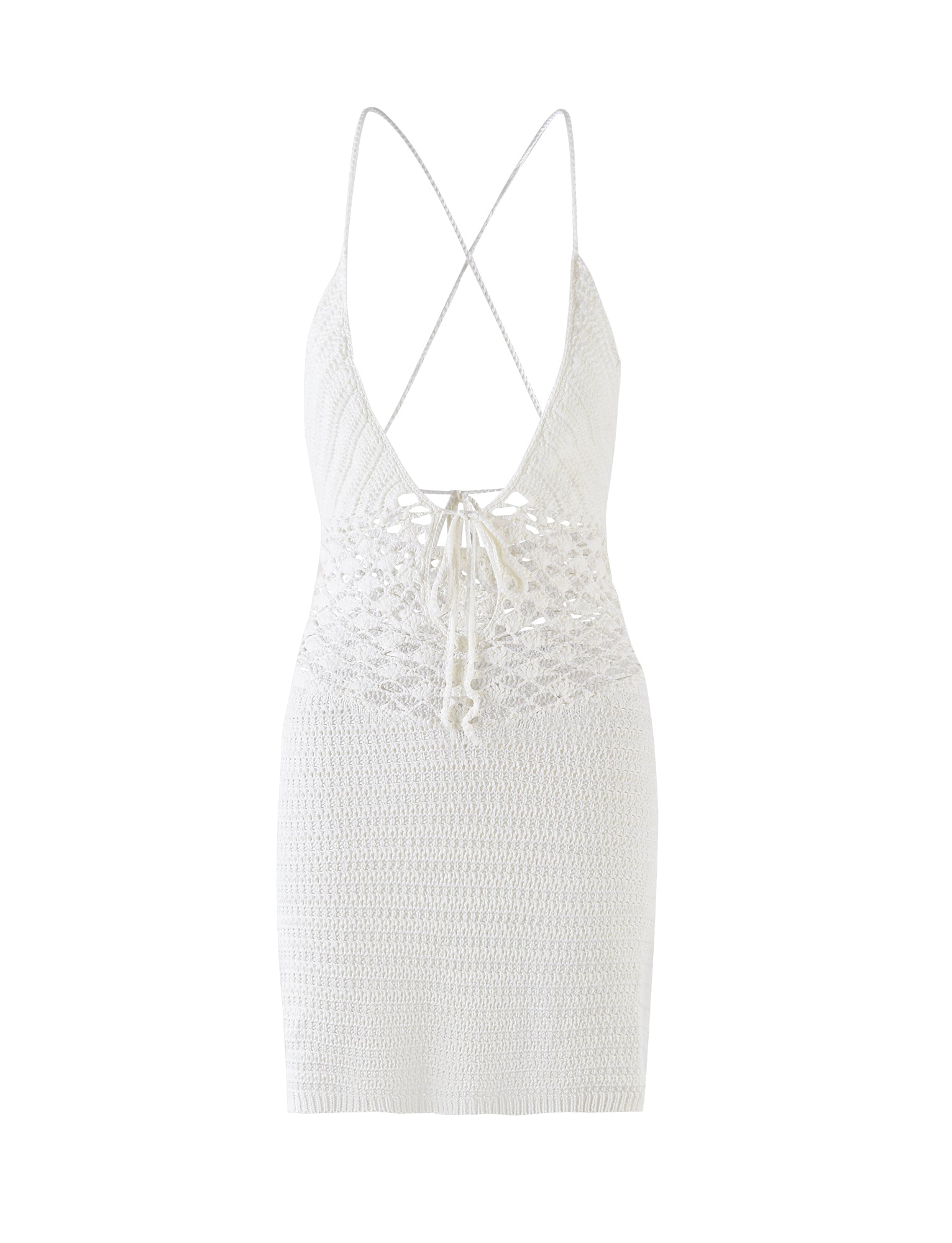 The ISABELL DRESS - WHITE from TIGERMIST is a mid-length white knitted dress featuring a plunging neckline, thin spaghetti straps that crisscross at the back, and a decorative lace-up detail at the waist. The dress showcases a textured pattern with intricate weave at the bodice and a tighter knit at the skirt.