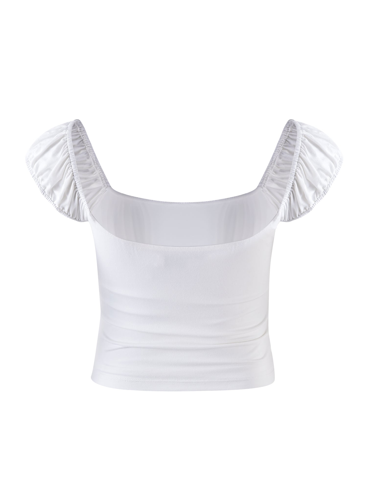 The ALISHA TOP - WHITE from TIGERMIST is a chic crop top featuring short, ruffled off-the-shoulder sleeves. The fabric is smooth and fitted, while the sleeves provide a touch of texture with their gathered design. It boasts a straight neckline and offers a snug fit.