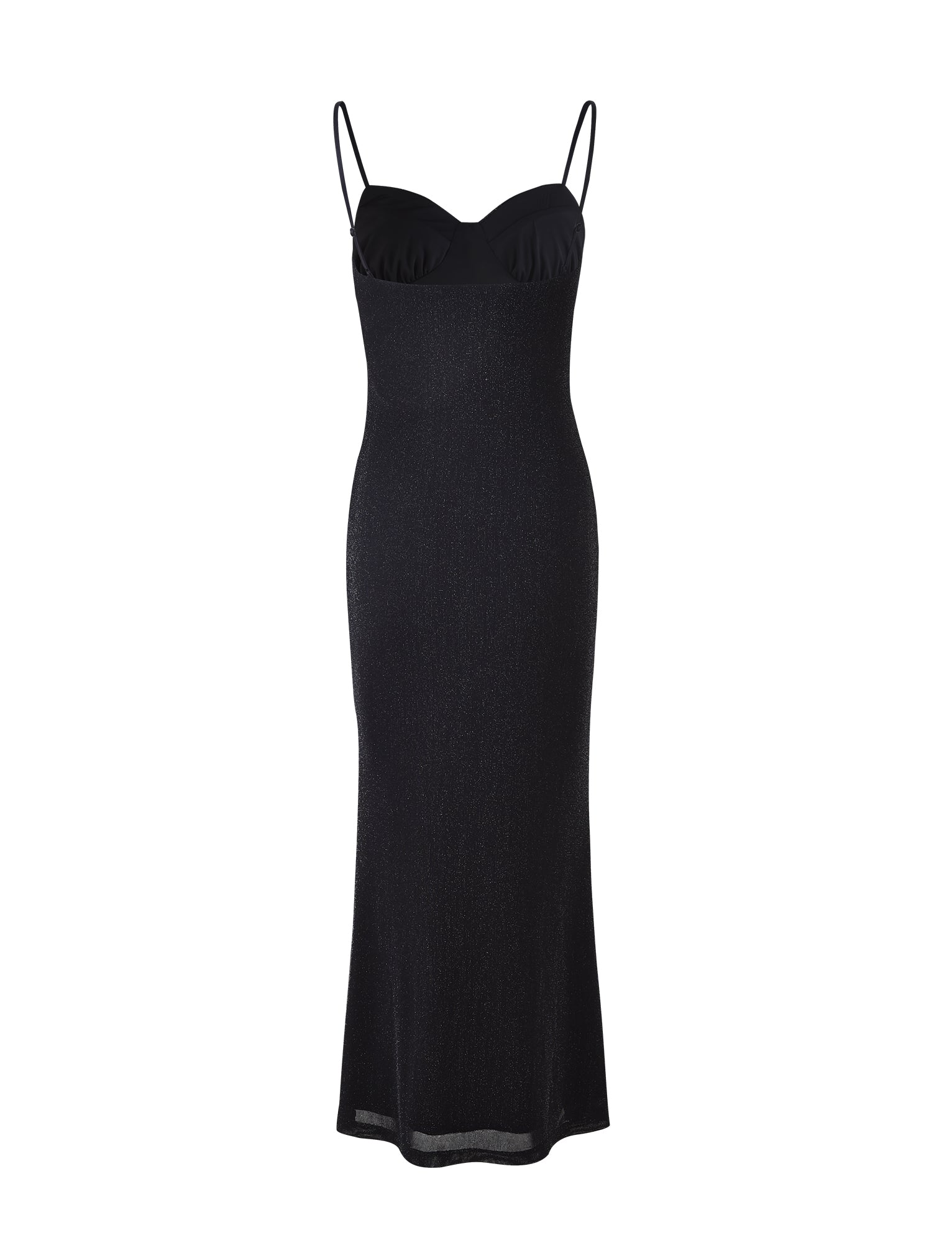 A sleek, black Catya Dress by TIGERMIST is displayed against a white background. This form-fitting evening dress boasts a subtle shimmer and features spaghetti straps, a sweetheart neckline, and a long, straight silhouette that extends to the ankles.