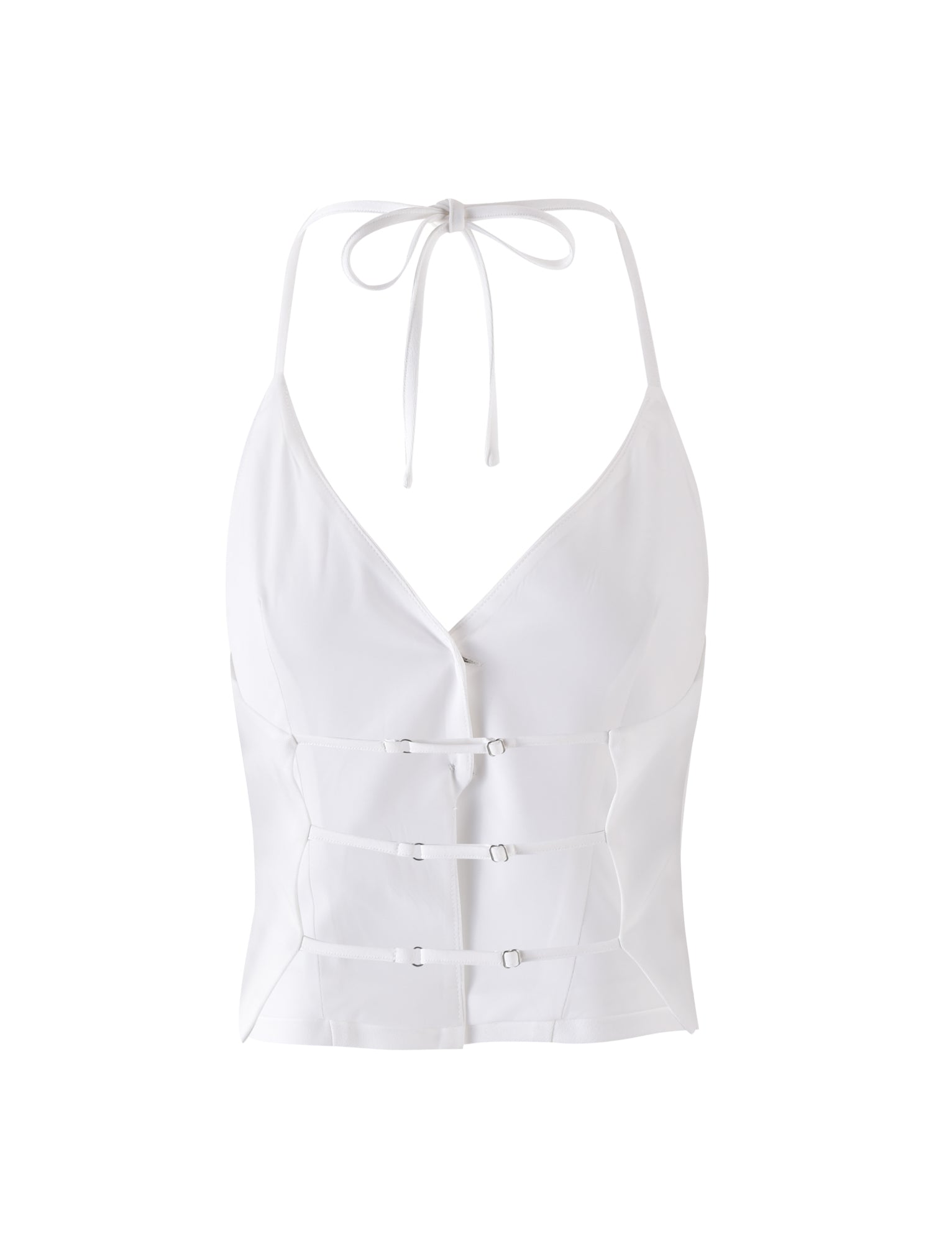 Introducing the JAYLIN VEST - WHITE from TIGERMIST: This sleek, white sleeveless halter top boasts a deep V-neckline, complemented by three horizontal buckle straps across the midsection and a tie closure at the neck. The smooth, form-fitting material ensures a flawless look.