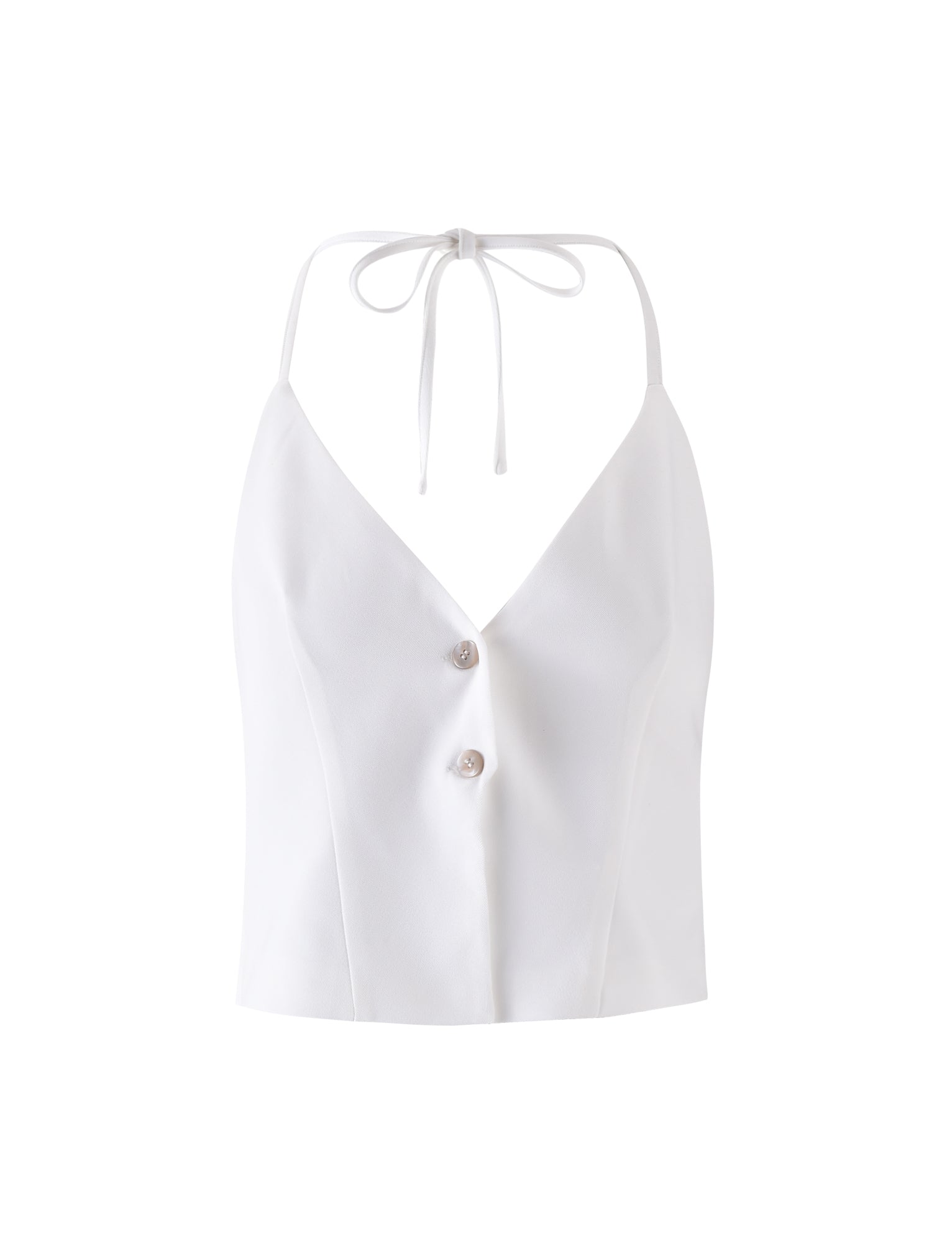 The JAYLIN VEST - WHITE from TIGERMIST is a white sleeveless top with a halter neck design, featuring two buttons down the front. It has a v-neckline and a slightly fitted waist, finished with a back tie closure at the neck.
