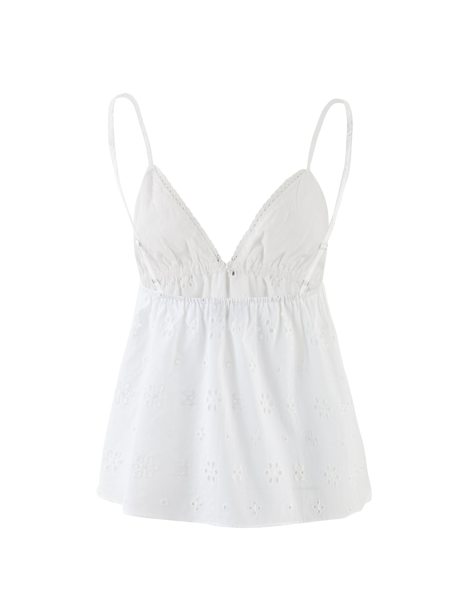 Introducing the MILANI TOP - WHITE by TIGERMIST: a delicate white sleeveless top featuring spaghetti straps. This top boasts a fitted bodice with a charming flared bottom, adorned with eyelet embroidery and small floral patterns scattered throughout the fabric. The V-shaped neckline and lightweight material contribute to an airy and enchanting look.
