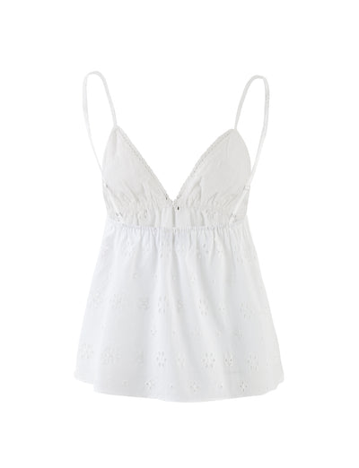 Introducing the MILANI TOP - WHITE by TIGERMIST: a delicate white sleeveless top featuring spaghetti straps. This top boasts a fitted bodice with a charming flared bottom, adorned with eyelet embroidery and small floral patterns scattered throughout the fabric. The V-shaped neckline and lightweight material contribute to an airy and enchanting look.