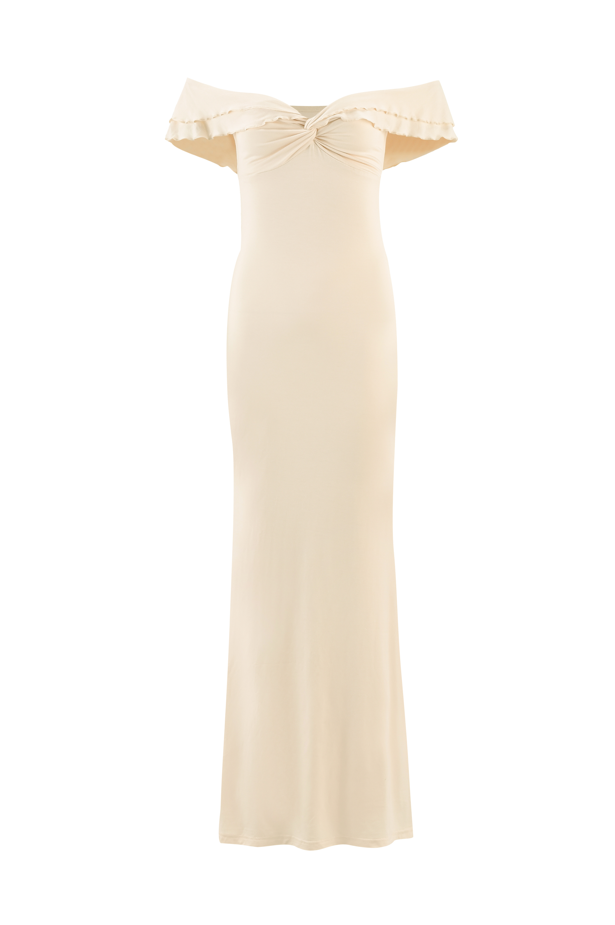 The TIGERMIST DENALI MAXI DRESS - WHITE : BONE is an off-the-shoulder, floor-length bodycon dress featuring slight bust ruching, flounced short sleeves, and a flattering silhouette.
