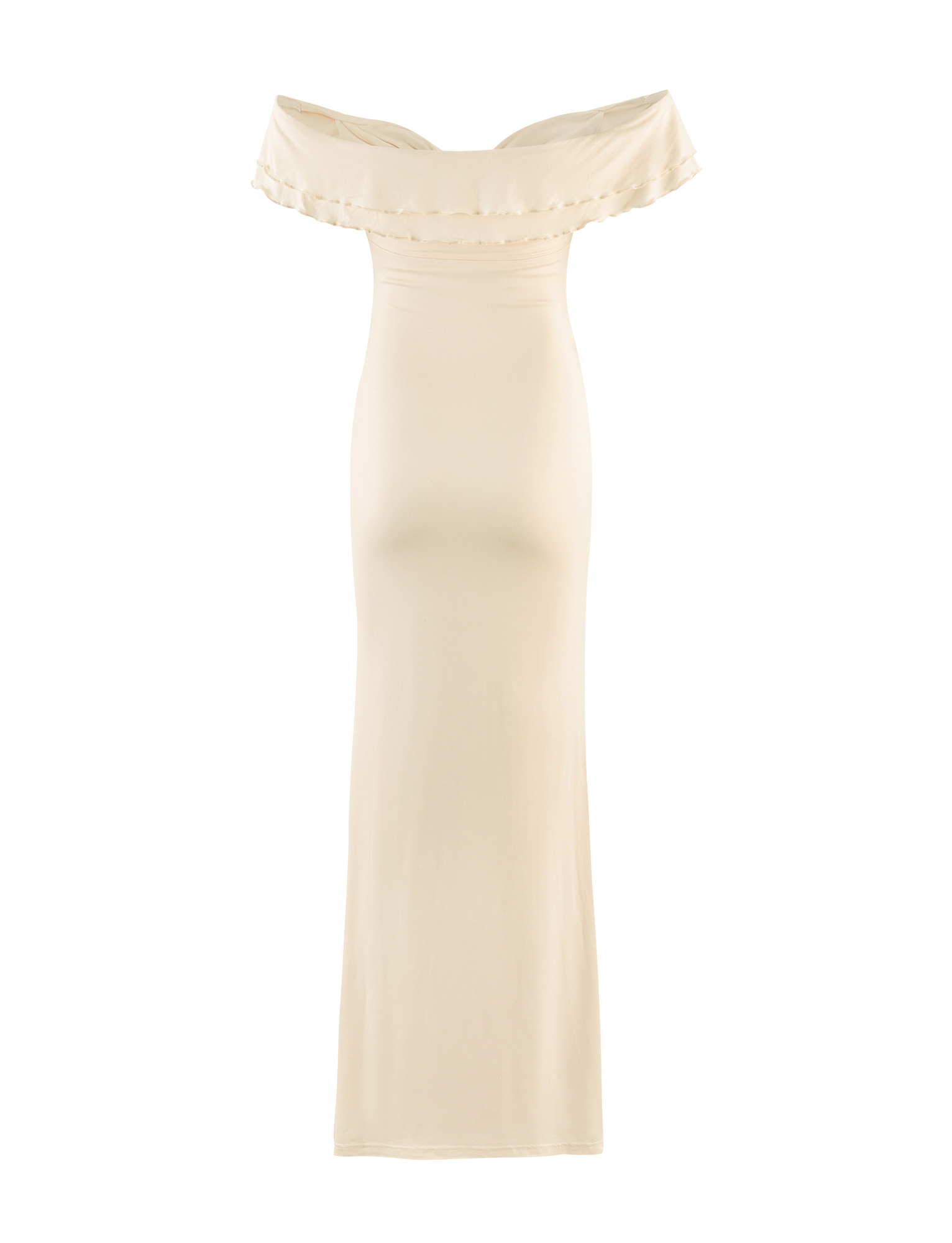 The TIGERMIST DENALI MAXI DRESS in White: Bone features a cream hue, ruffled sweetheart neckline, fitted off-the-shoulder silhouette, and is shown against a white background.