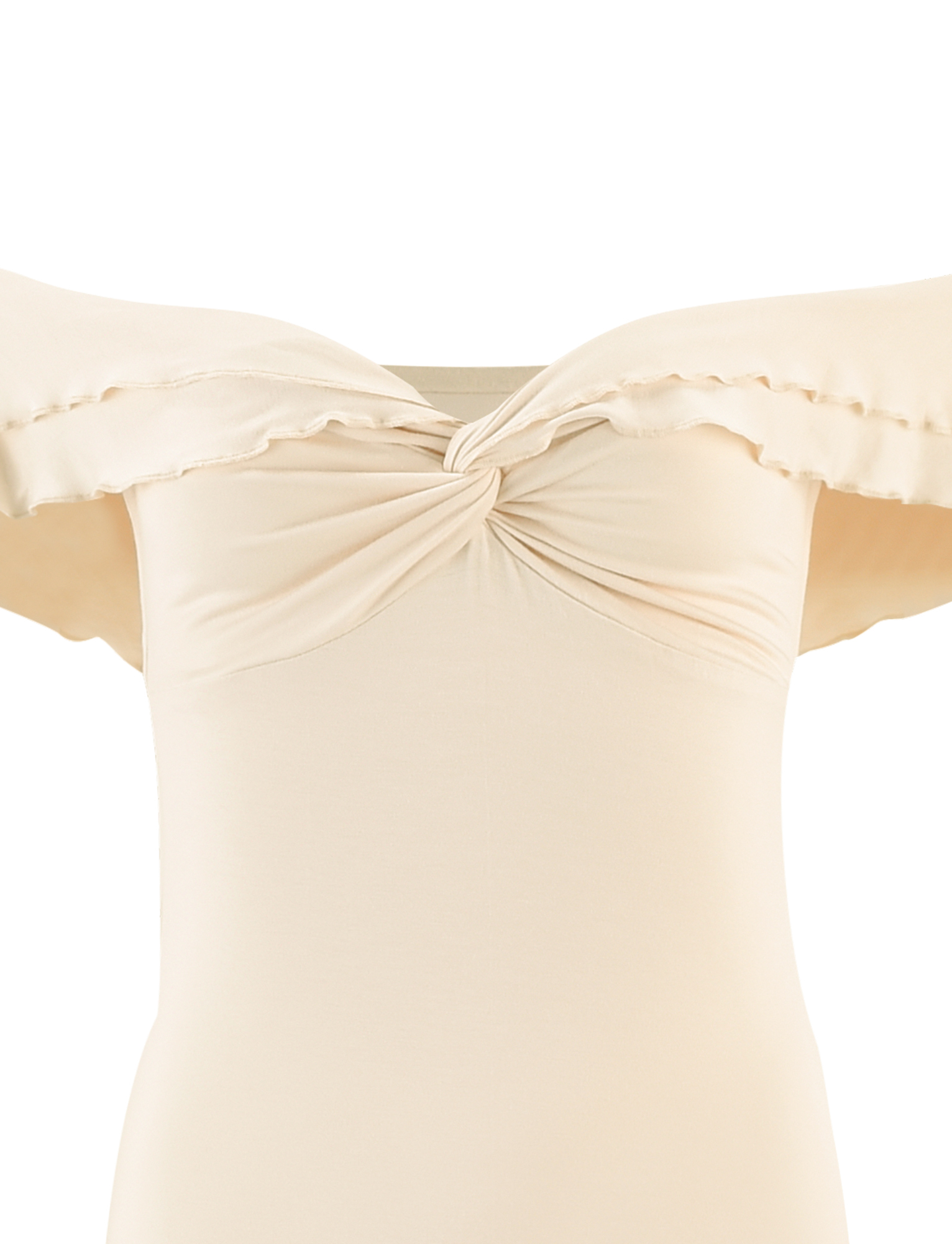 The TIGERMIST DENALI MAXI DRESS - WHITE : BONE showcases an off-the-shoulder bodycon fit with ruffled sleeves and a twisted knot neckline, displayed against a plain white background.