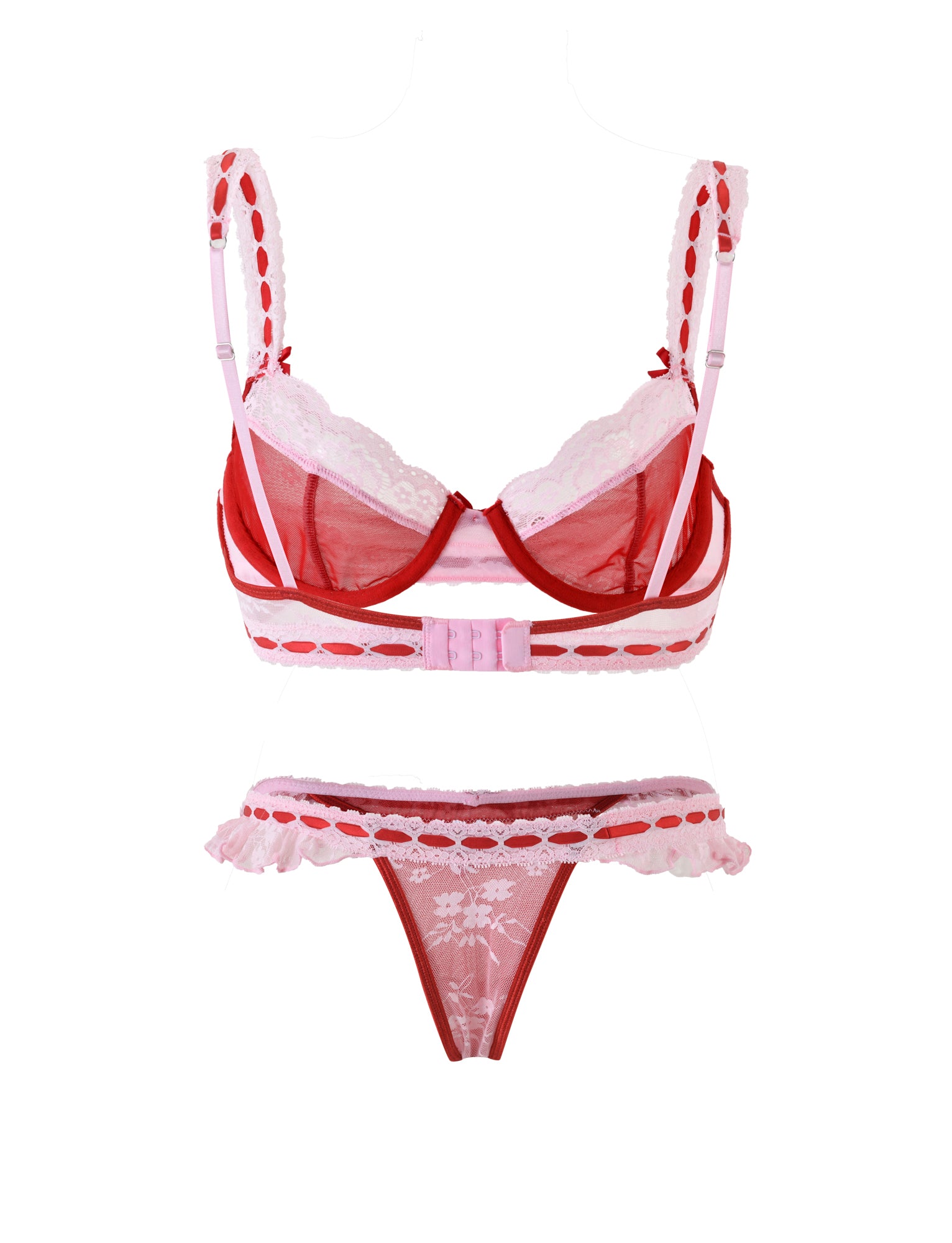 The LAVINA SET - RED : SALSA by TIGERMIST includes a sheer red and pink bra adorned with lace trim and adjustable straps, coupled with matching red and pink panties featuring lace trim and a decorative frill around the waistband.