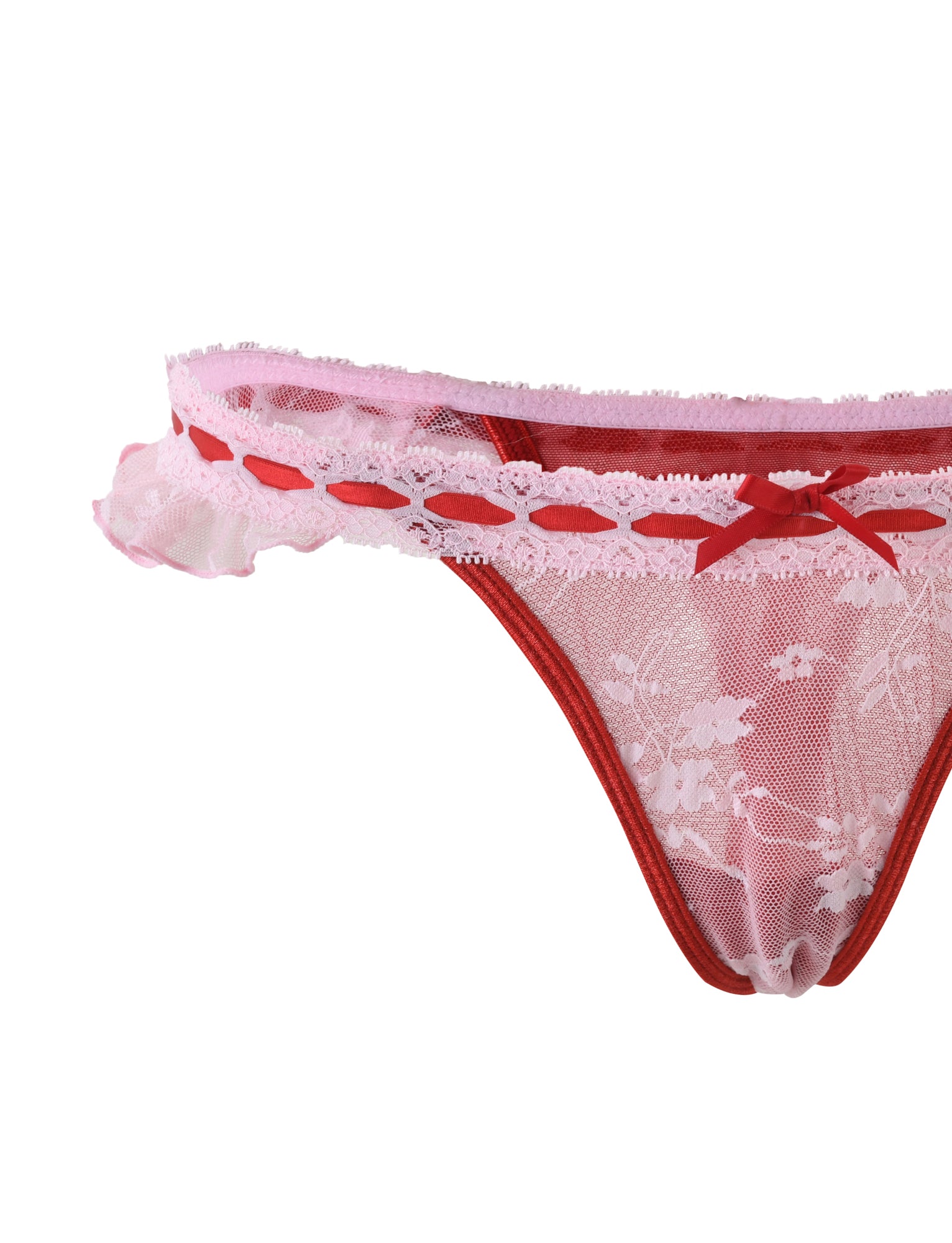 The LAVINA SET - RED : SALSA from TIGERMIST features a pair of sheer lace panties with a beautiful floral pattern in white and pink hues. The waistband includes red ribbon details expertly interwoven with pink lace and is accented by a delicate red bow in the front center.