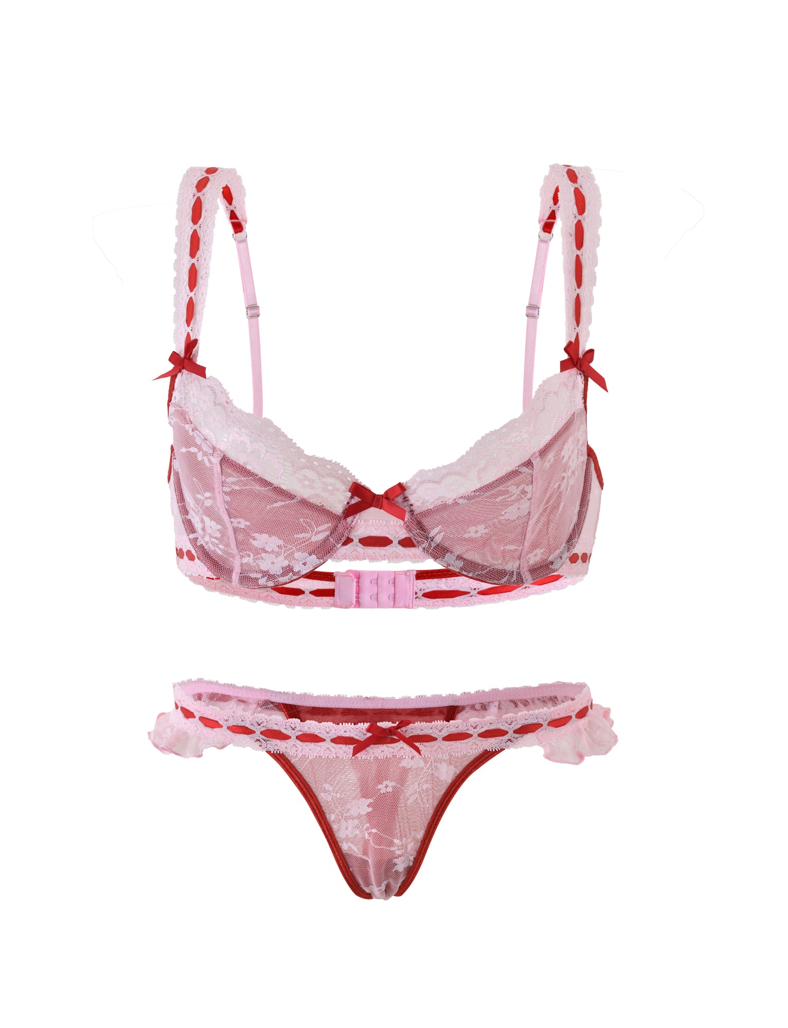 The LAVINA SET - RED : SALSA from TIGERMIST is a stunning red and pink lace lingerie set, including both a bra and matching panties. The bra is designed with red straps featuring pink accents and adorned with small red bows. The panties come with a red waistband complemented by pink trim and intricate lace detailing.