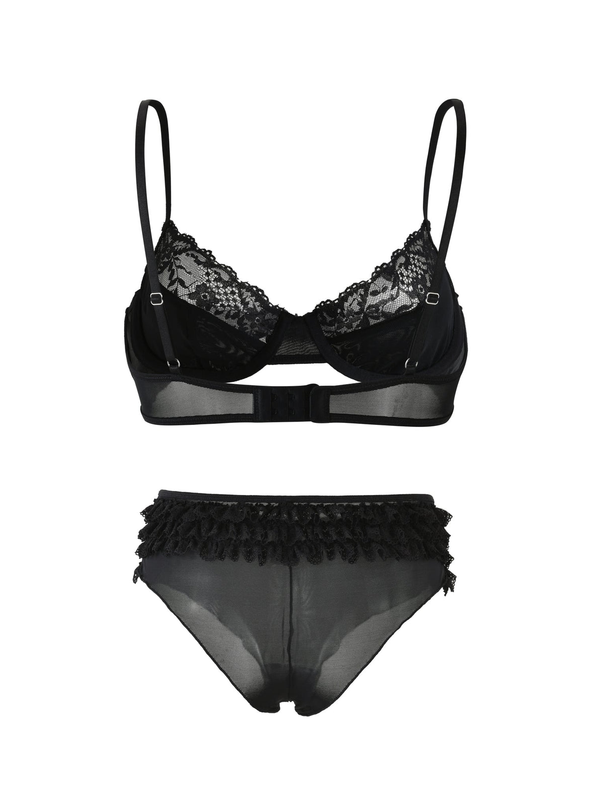 Introducing the ARA SET - BLACK from TIGERMIST: a stylish black lingerie ensemble featuring intricate lace detailing. This chic set includes a bra with adjustable straps and a clasp back, paired with matching high-waisted, semi-sheer panties adorned with ruffled lace trim at the waistband.