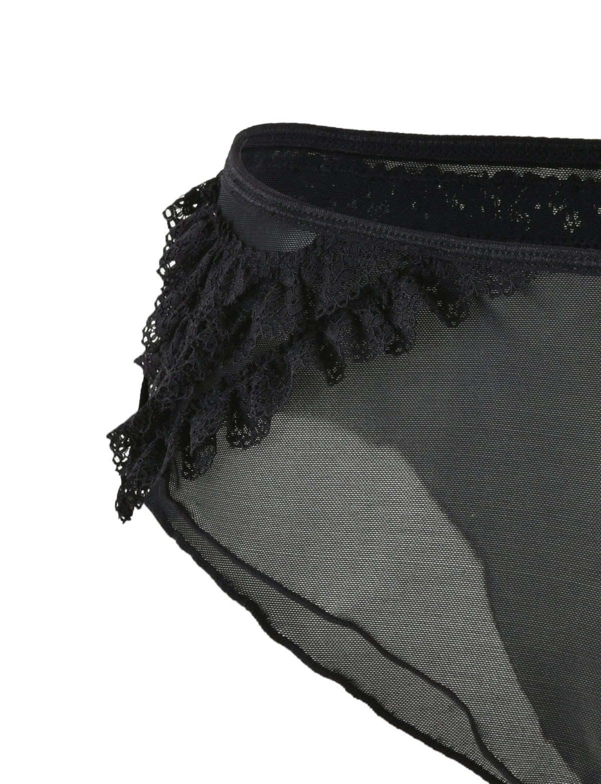 Close-up of the ARA SET - BLACK by TIGERMIST. The black lace fabric is semi-transparent and adorned with intricate lace trim along the waistband, adding a touch of elegance and delicacy to the garment. The floral design of the lace details enhances its decorative appeal.