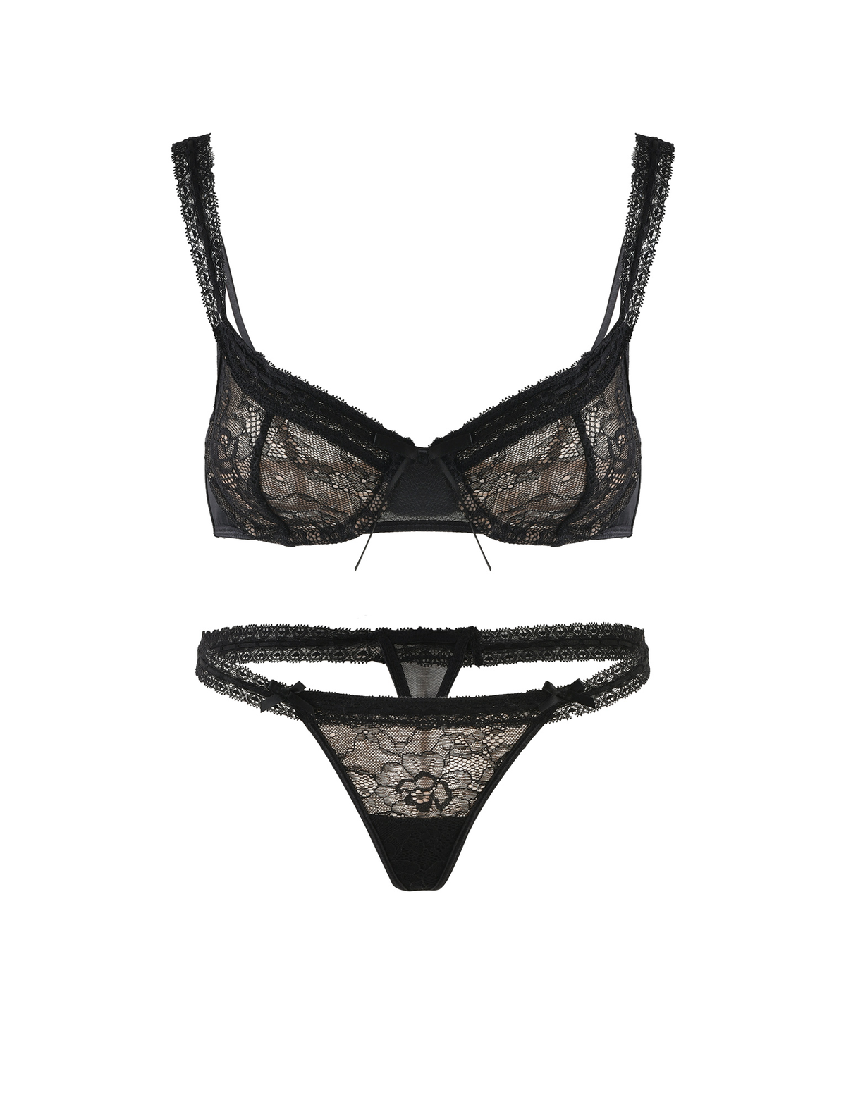 The TIGERMIST PANDORA SET - BLACK is a lace lingerie set with an adjustable bra, thin straps, and matching panties, both decorated with floral lace patterns and bow accents.