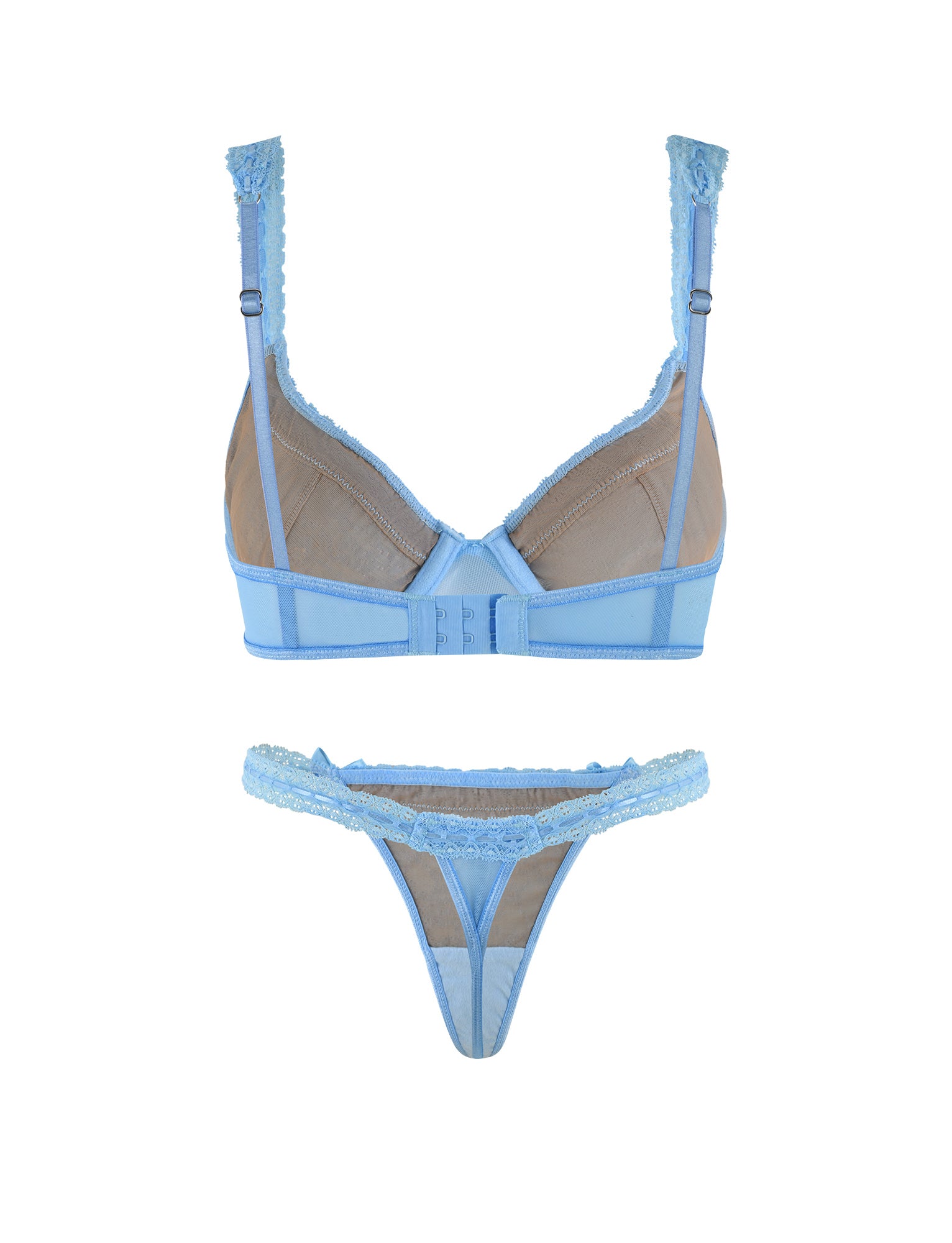 The PANDORA SET - BLUE by TIGERMIST is a stunning light blue lingerie ensemble that includes a bra and thong, both crafted with delicate blue lace and sheer mesh fabric. The bra features adjustable straps and a hook-and-eye closure at the back, while the thong showcases intricate lace detailing and a thin waistband.