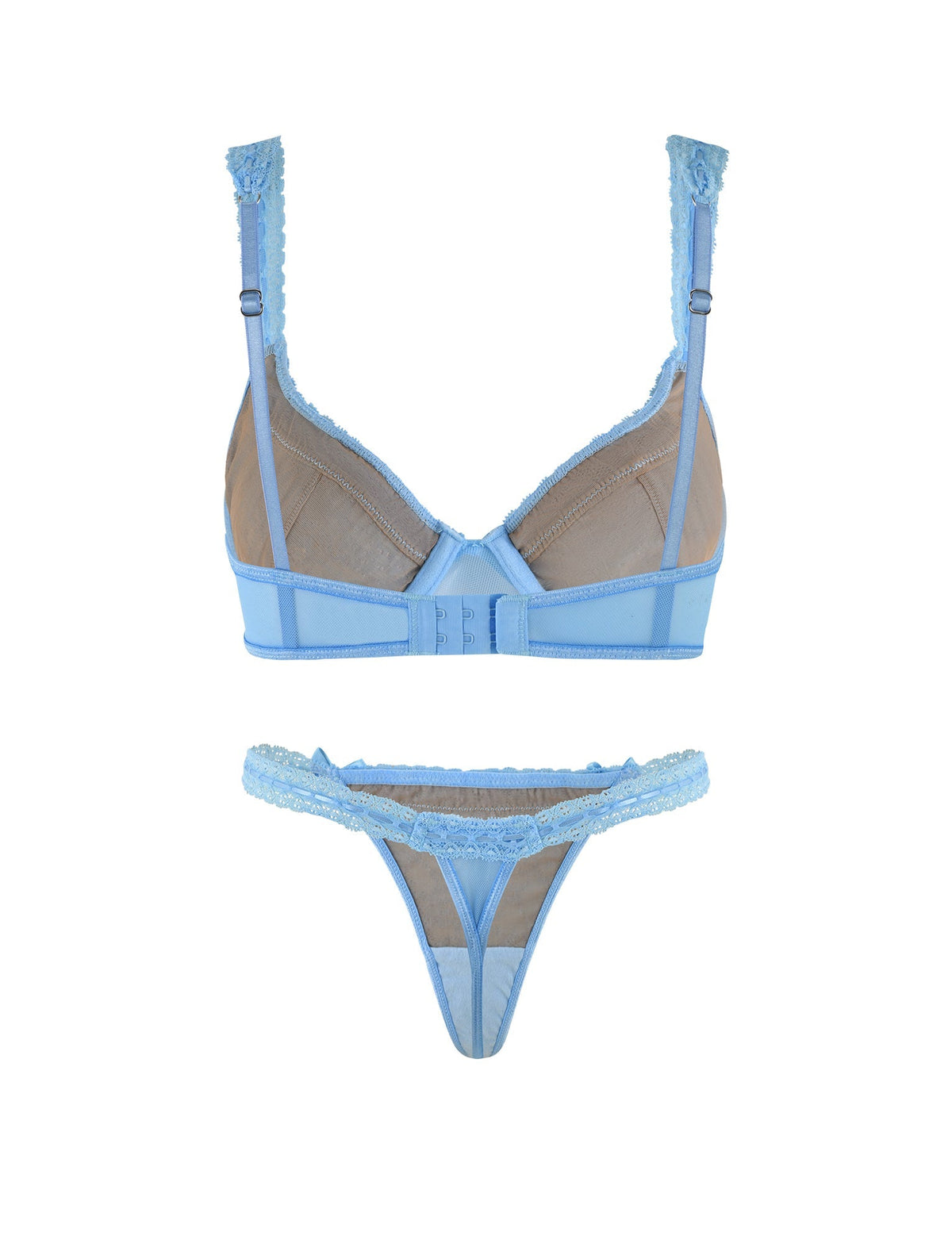 The PANDORA SET - BLUE by TIGERMIST is a stunning light blue lingerie ensemble that includes a bra and thong, both crafted with delicate blue lace and sheer mesh fabric. The bra features adjustable straps and a hook-and-eye closure at the back, while the thong showcases intricate lace detailing and a thin waistband.
