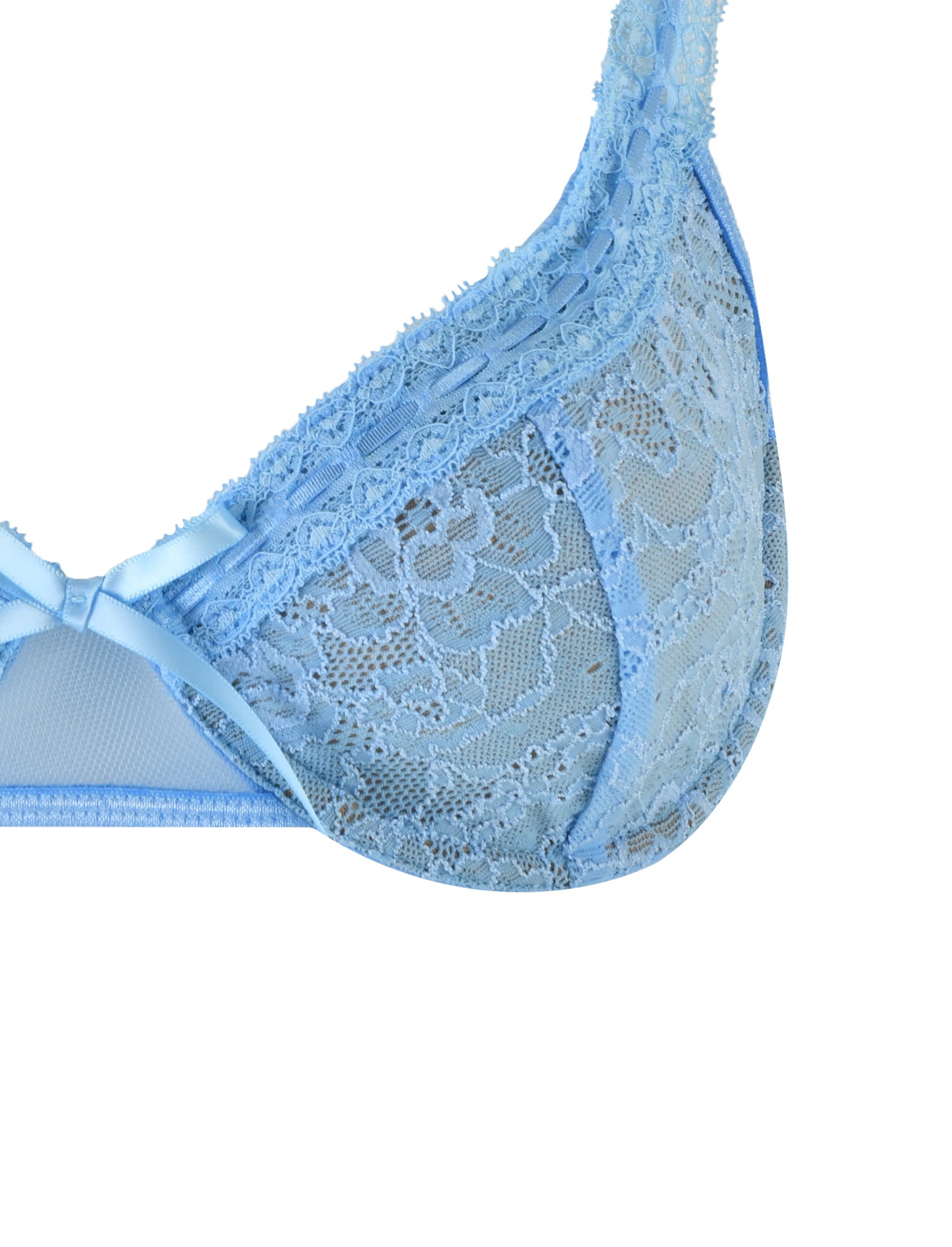 A close-up of the TIGERMIST PANDORA SET - BLUE lace bra reveals its intricate floral patterns. This piece from the Pandora Set features a small satin bow at the front center, adding a delicate detail. The combination of lace texture and sheer mesh imparts an air of elegance and femininity.