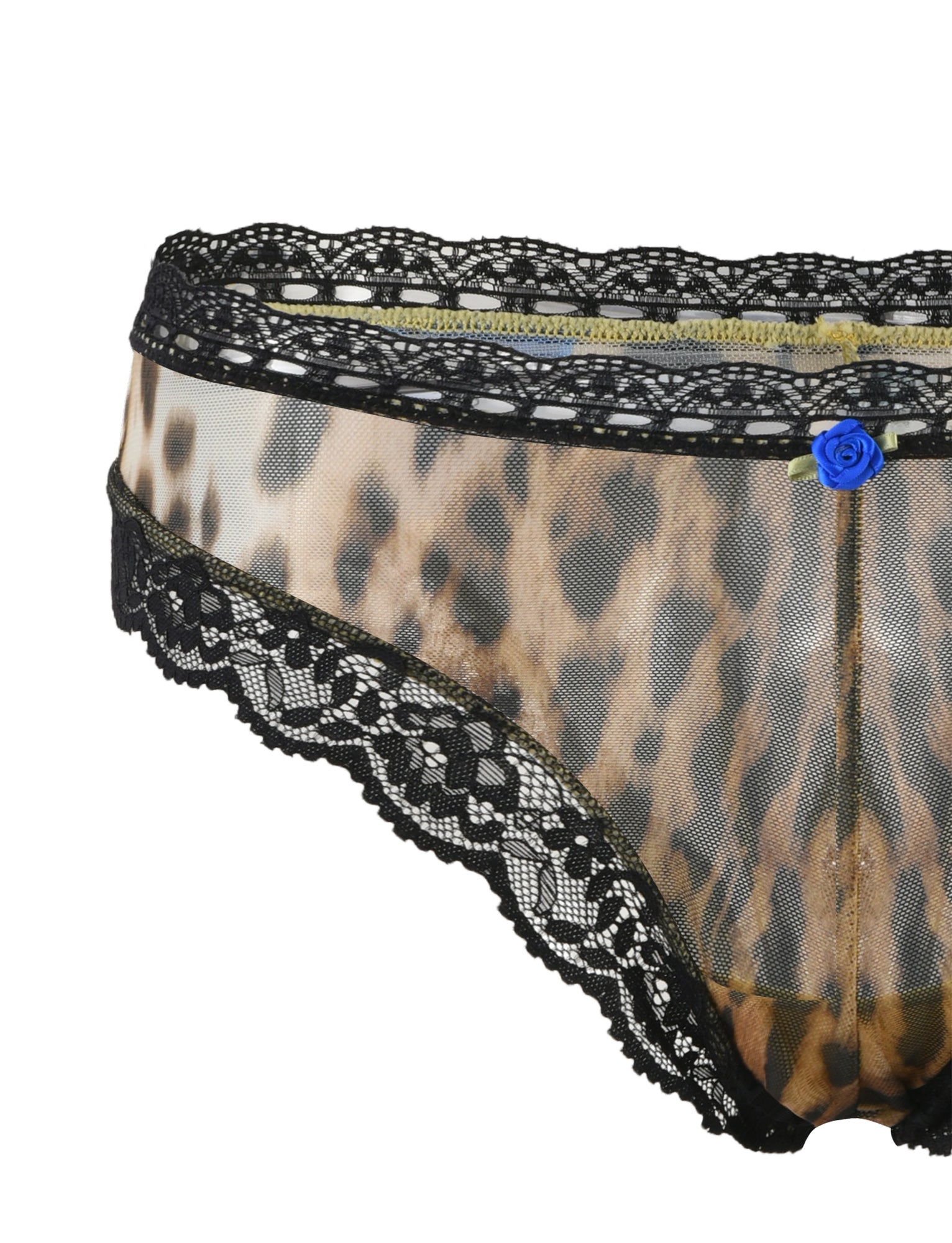A pair of TIGERMIST's RAJA SET - MULTI : LEOPARD lingerie bottoms, featuring intricate black lace trim at the waistband and leg openings, accentuated with a delicate blue rose embellishment at the center of the waistband.