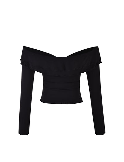 The DENALI LONG SLEEVE TOP - BLACK from TIGERMIST features an elegant off-the-shoulder design with ruffled trim along the neckline and a fitted bodice. The stretchy fabric is slightly ruched at the chest, offering a refined yet stylish appearance, set against a plain white background.