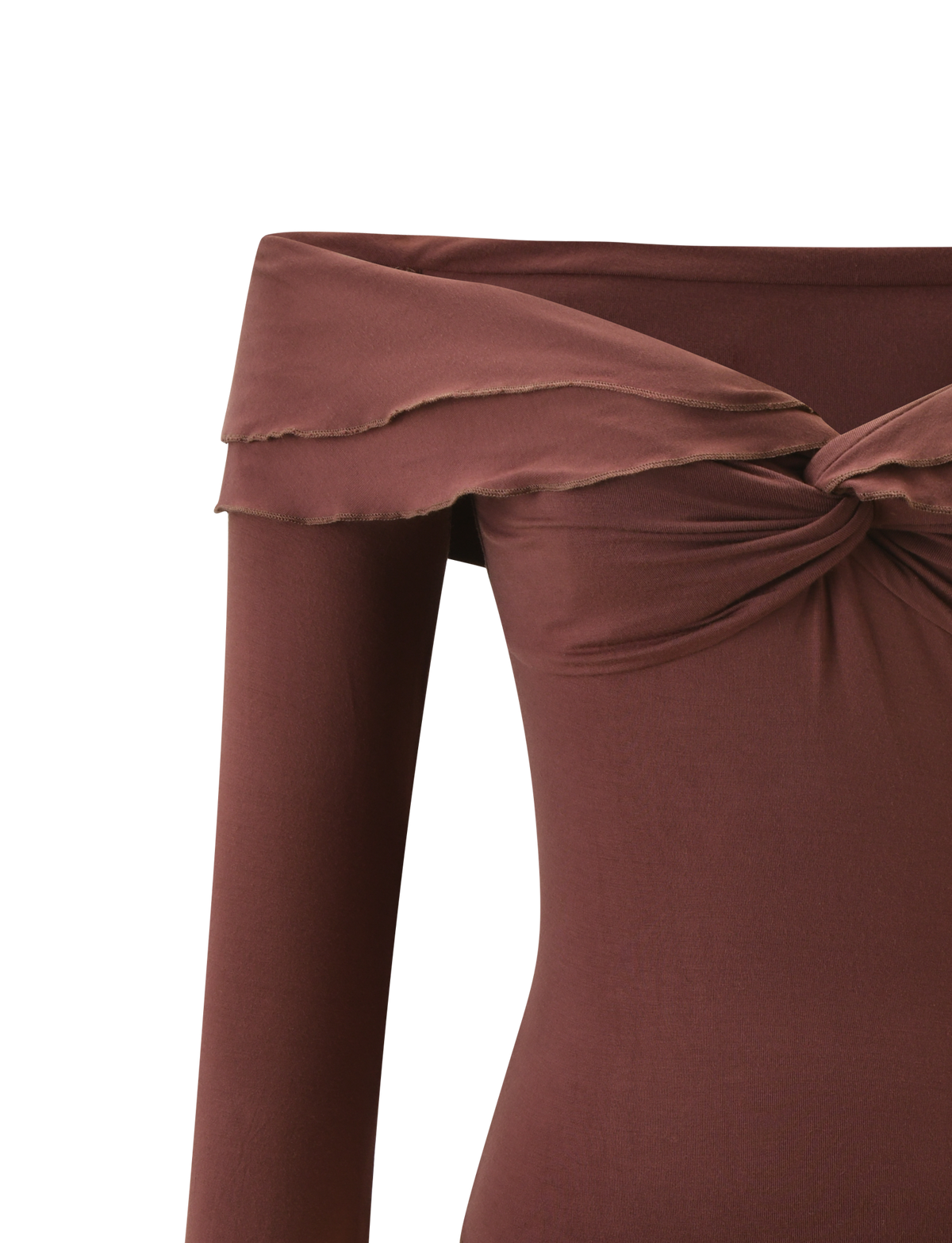 A close-up of the TIGERMIST DENALI LONG SLEEVE TOP in chocolate, showcasing its off-shoulder neckline, layered folded detail, and chic front twist accent.