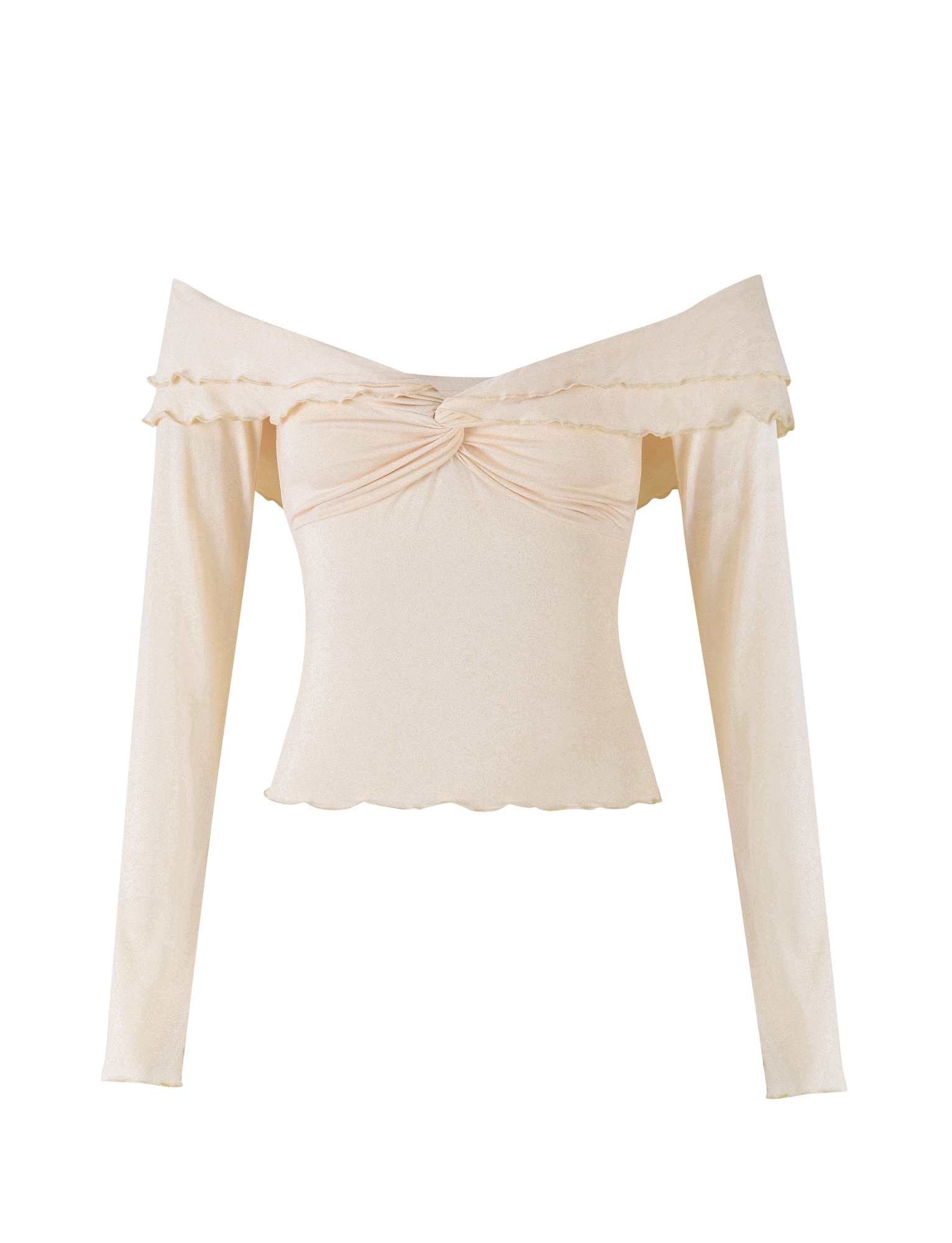 The DENALI LONG SLEEVE TOP - WHITE : BONE by TIGERMIST features off-the-shoulder long sleeves, a twisted chest knot, ruffled sweetheart neckline, and a slightly flared hem for a chic touch.
