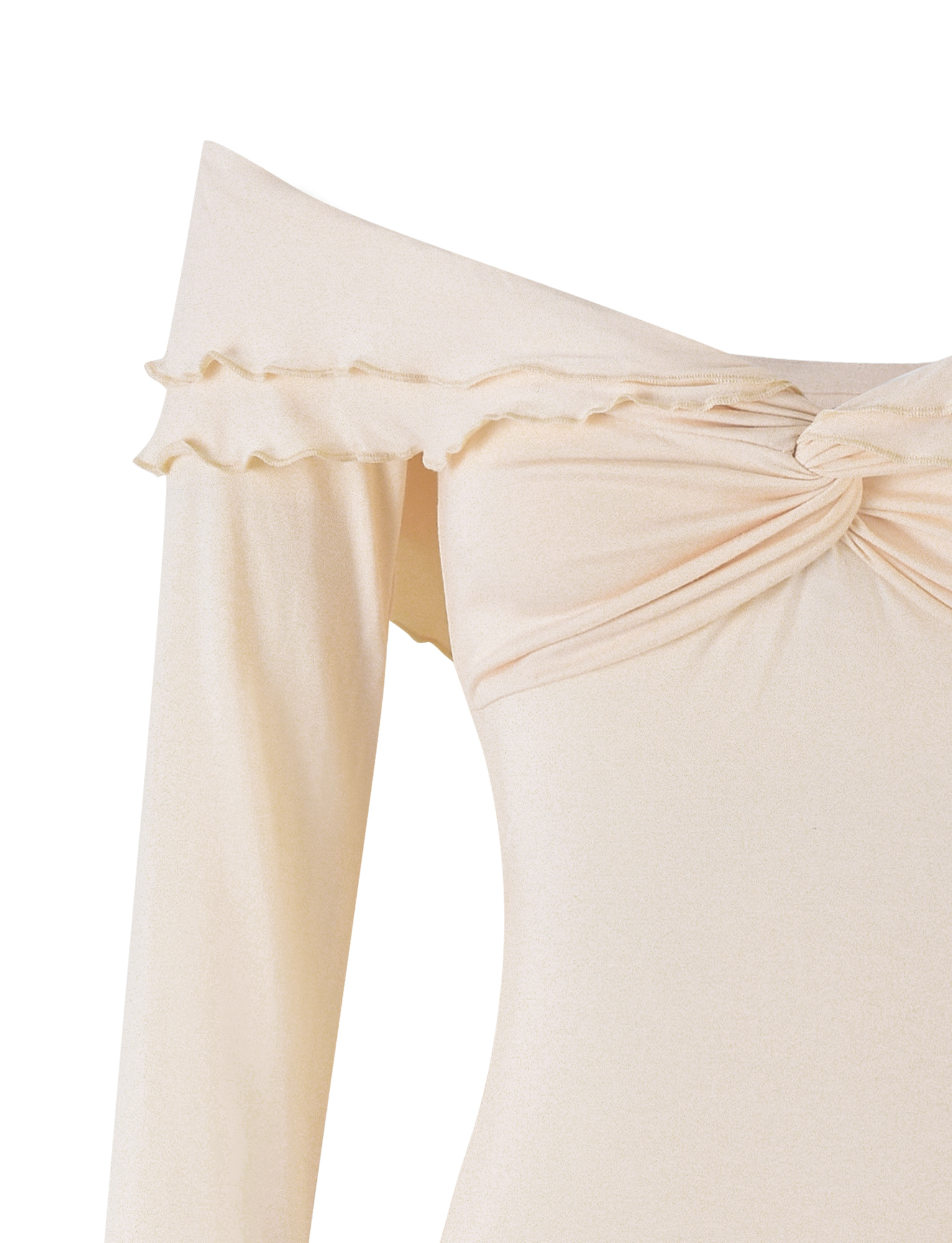 TIGERMIST DENALI LONG SLEEVE TOP in White: Bone features off-the-shoulder sleeves, a ruffled neckline, and a twisted knot at the chest for an effortlessly chic vibe.