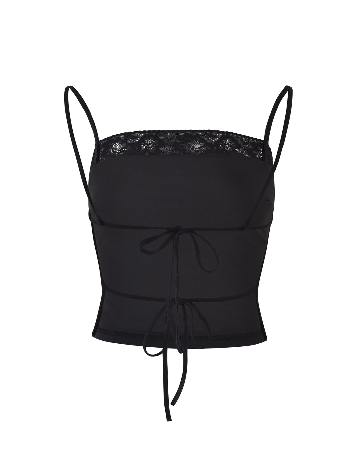 The JAIDA TOP - BLACK from TIGERMIST is a black, spaghetti-strap crop top featuring a lace-trimmed neckline and ribbon ties at the bust and waist. This top showcases sheer fabric and decorative stitching for a delicate, stylish look.