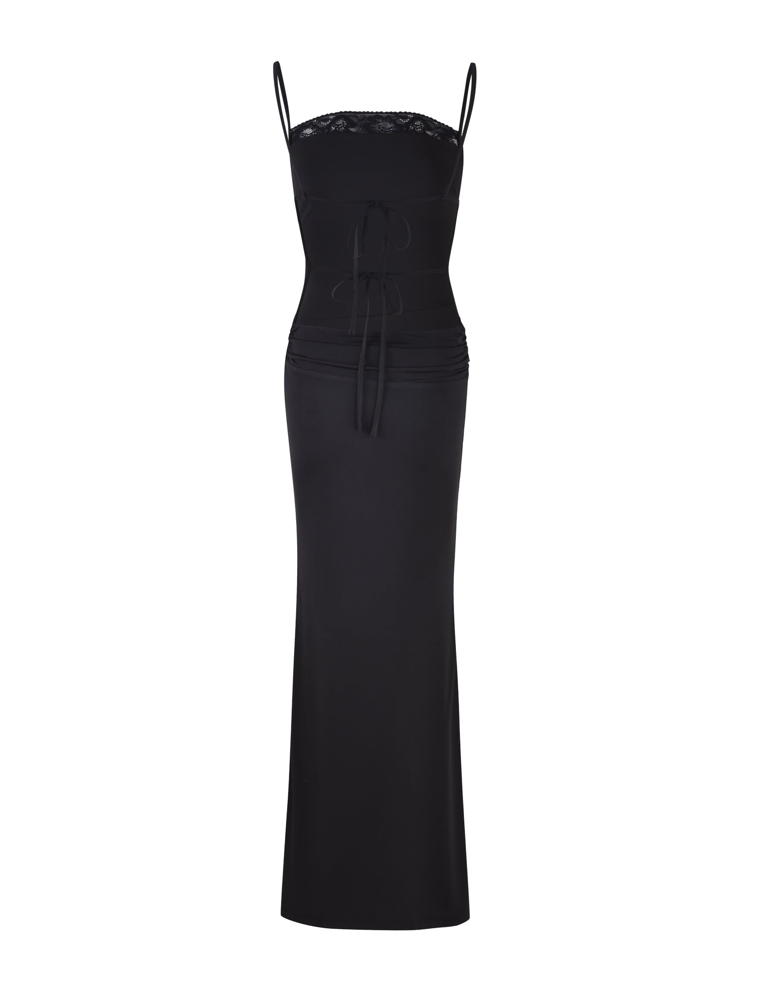 The JAIDA MAXI DRESS - BLACK from TIGERMIST is showcased against a white background. This long, sleek black dress has spaghetti straps and boasts a fitted bodice with lace trim at the top, a corset-style lace-up front detail, and a flowing floor-length skirt.