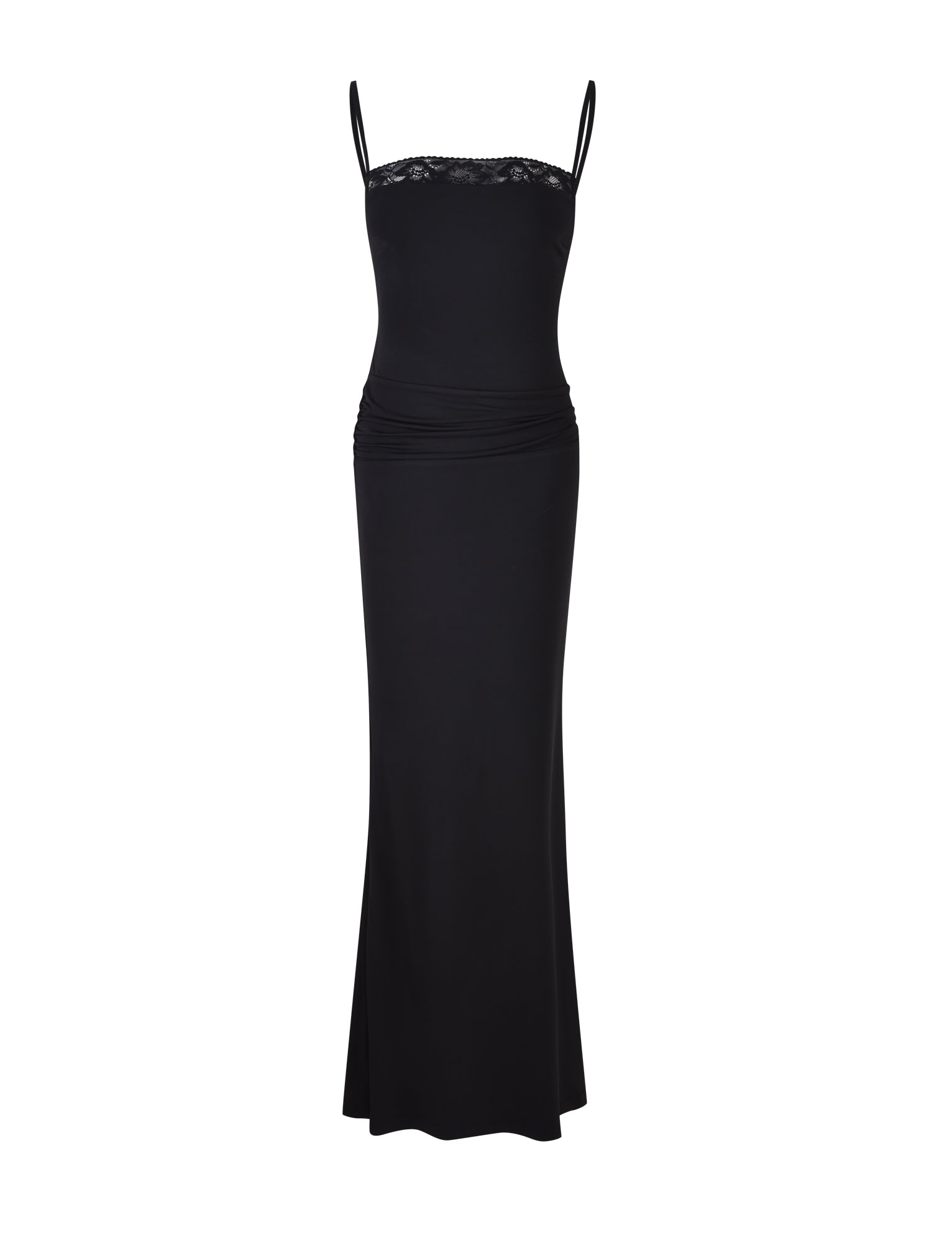 The JAIDA MAXI DRESS - BLACK from TIGERMIST is a long, elegant black dress featuring thin shoulder straps and lace detailing at the neckline. This form-fitting dress includes gentle ruching at the waist that extends down to a floor-length hem. Its sleek and sophisticated design makes it perfect for formal occasions.
